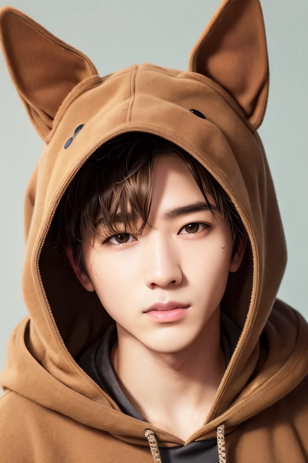 1 person、high quality、masterpiece、4k、、realistic skin、rough skin、(close-up shot of face:1.23)、、Dog Headgear、dog hoodie、dog hooded hoodie