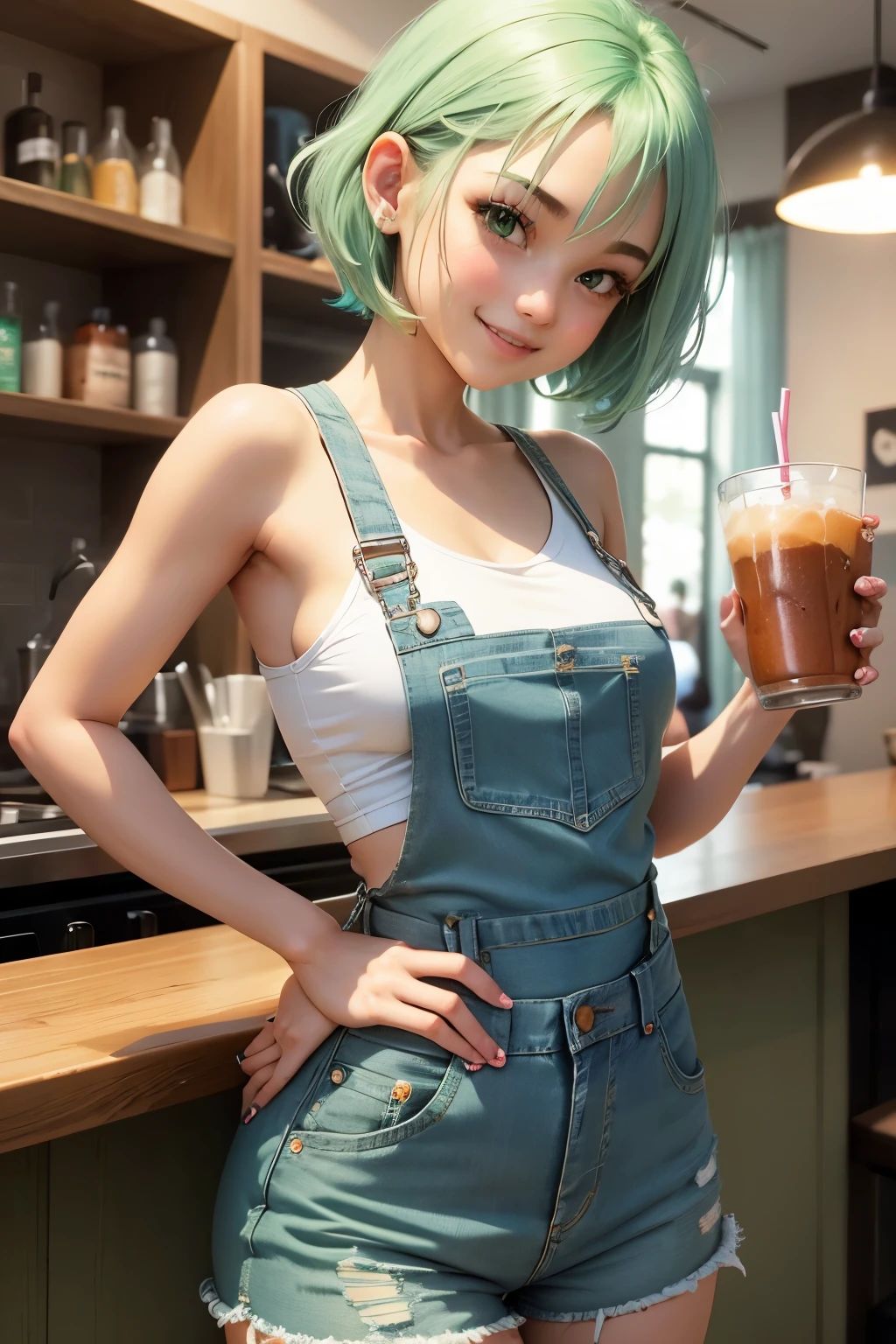 Cute girl, short light green hair, arousing, Fitini overall jeans,, smile, drink ice coffee, sexy 