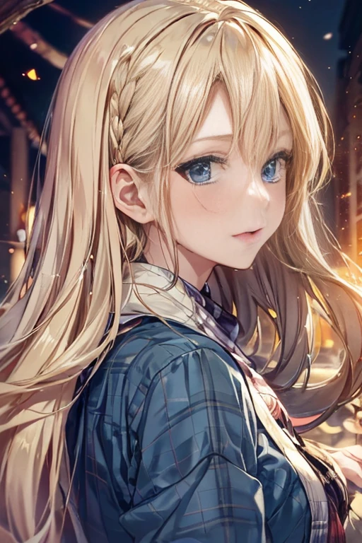 (masterpiece),(highest quality:1.2),1 girl,(Masseter muscle part:1.3),exquisite details, highest qualityの 8K 解像度, super detailed, realistic, Bright colors, soft tones, With warm and gentle lighting,(beautiful plaid scarf:1.3),(Pleated pink ruffle ribbon dress,) (Brown long coat:1.2) evening,big sunset,(smooth straight blonde hair:1.2),(parted hair in the middle:1.3),(shining hair),(dark blue eyes:1.3),white skin, Barrette,An overflowing soft and gentle feeling,(The promenade is full of flowers),The sun's rays illuminate joy and pure love, warm golden glow,The atmosphere is full of happiness and laughter, It&#39;s like celebrating love,超細密描写とBright colors彩へのこだわり. A style that combines romanticism and realism、I can feel the depth of love,color palette,Creates a dream-like, fantastical atmosphere,Lighting is soft and diffuse, Shine a gentle light on your face,作品はmasterpieceです,