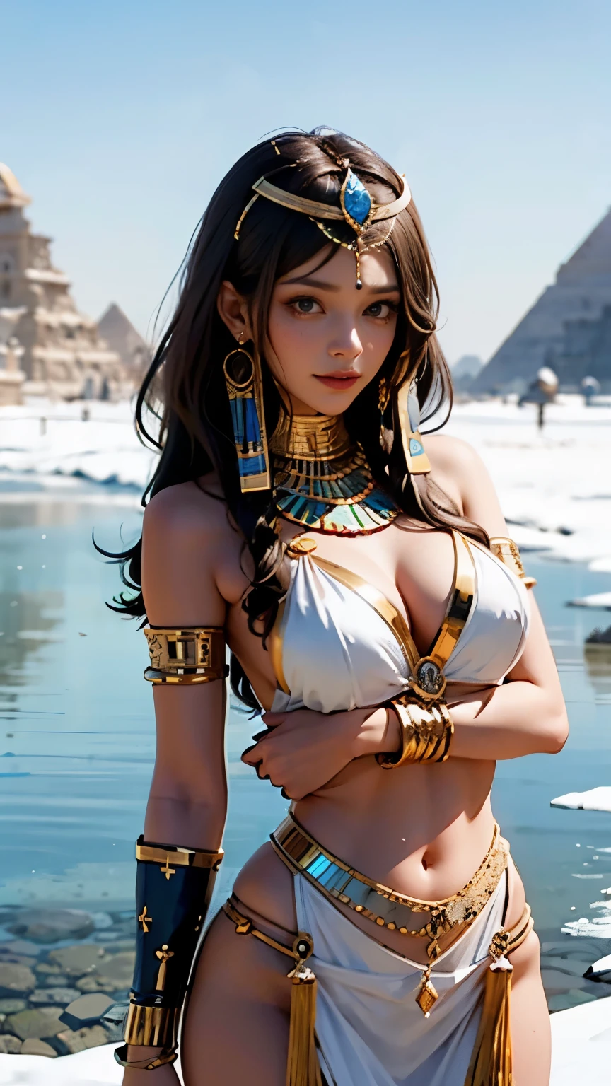 Very very very sexy girl, 1girl, solo, brunette hair, parted hair style, ((dressed like an Egyptian goddess)), wearing a goddesses outfit, body shot, Detailed skin, Detailed Face, Detailed Lips, Detailed Eyes, smile, light make up, textured skin, super detail lighting, country background, winter atmosphere cold, snow, frozen lake background, 