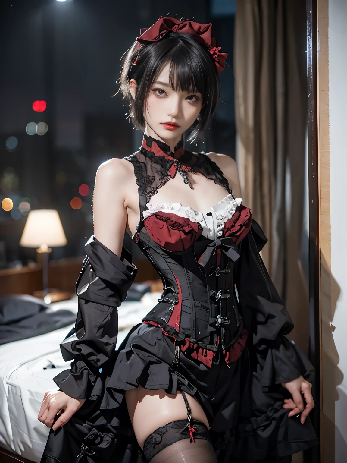 raw photo, 8k, (top-quality), Realistic, (real picture, Intricate details), (natural skin texture, detailed skin, hyper realism, sharpness), (((corset dress with black and red, gothic decorative corset))), (((flat chest:1.5))), (pale skin:1.3, slender body), (Japanese  girl standing in luxury hotel at night, Suite Room), ((shorthair, blunt bangs)), (provocative look, Parted lips:1.3, eye shadow, eyeliner, tear bag:1.3, red lips), thighs, night time, big window, night view, spot lighting:1.3