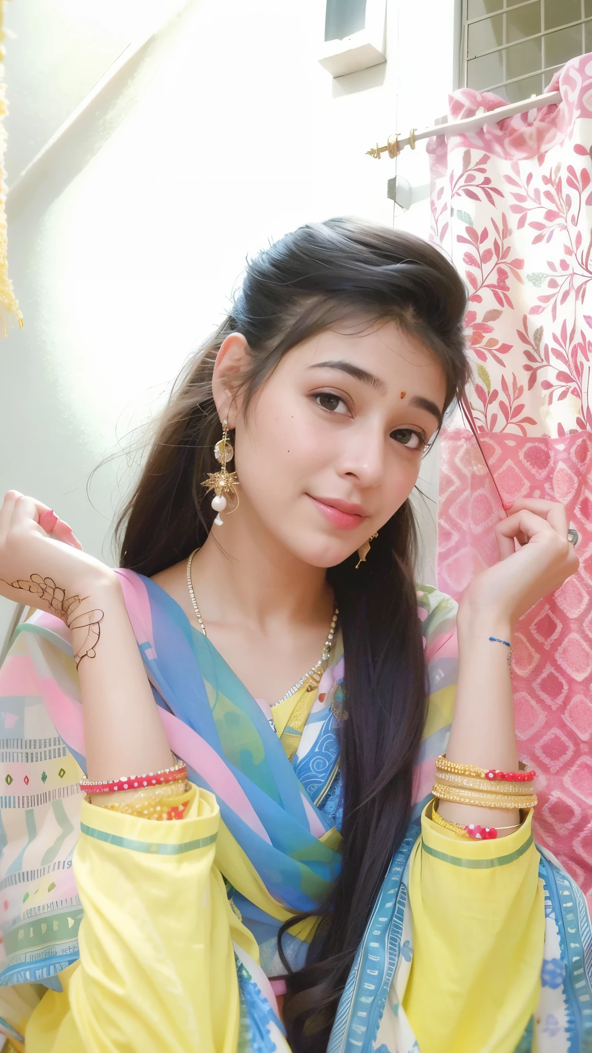 araffe woman in a yellow and blue sari holding a pink umbrella, very beautiful girl, cute beautiful, beautiful cute, with lovely look, young and cute girl, traditional beauty, attractive girl, 18 years old, candid picture, handsome girl, with a beautifull smile, innocent look, profile pic, very extremely beautiful, with accurate face