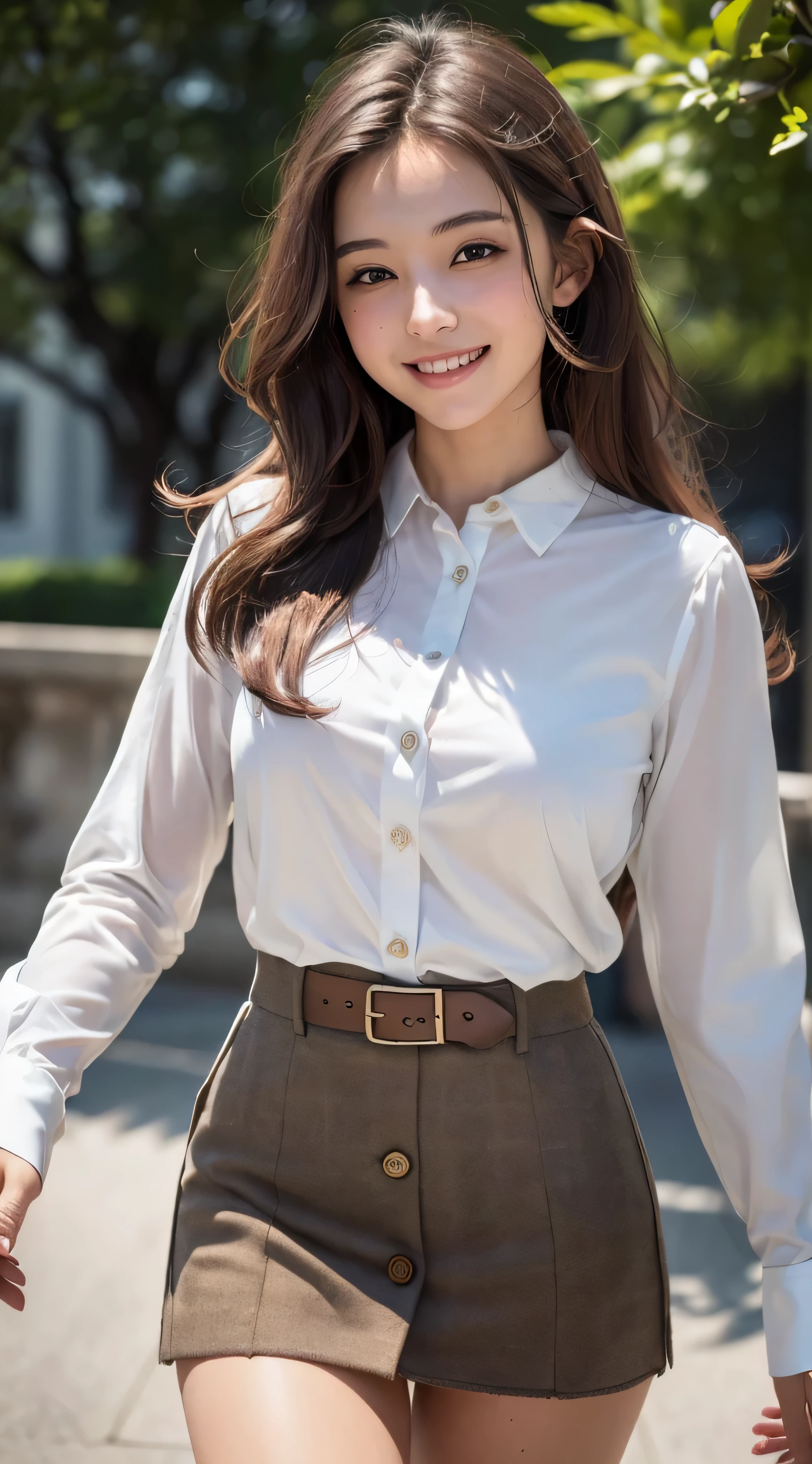 (8k、RAW photo、highest quality、masterpiece:1.2)、(real、photorealistic:1.37)、1girl、green eyes、long hair、Ultra-detailed cloth、((Hair with loose waves inside:1.2)),((Super long brown hair:1.2))((shy smile:1.3)),1girl in、((white long sleeve button blouse_brown tweed miniskirt:1.3)),running towards here、long hairをたなびかして、((With a smile_running towards here_long flowing hair_Breathtaking:1.3))