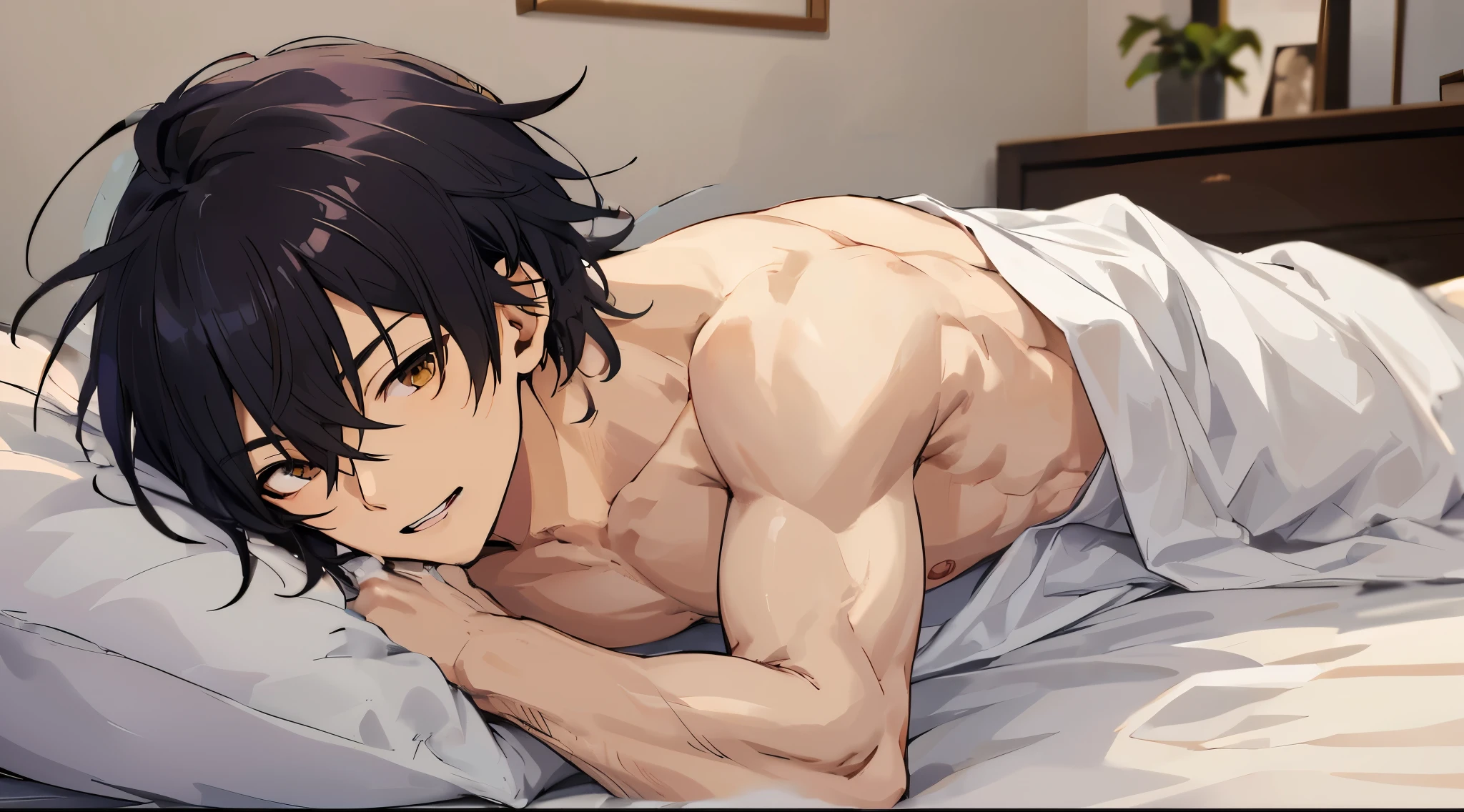 shirtless man、A man whose lower body is covered with a futon、man in prone position