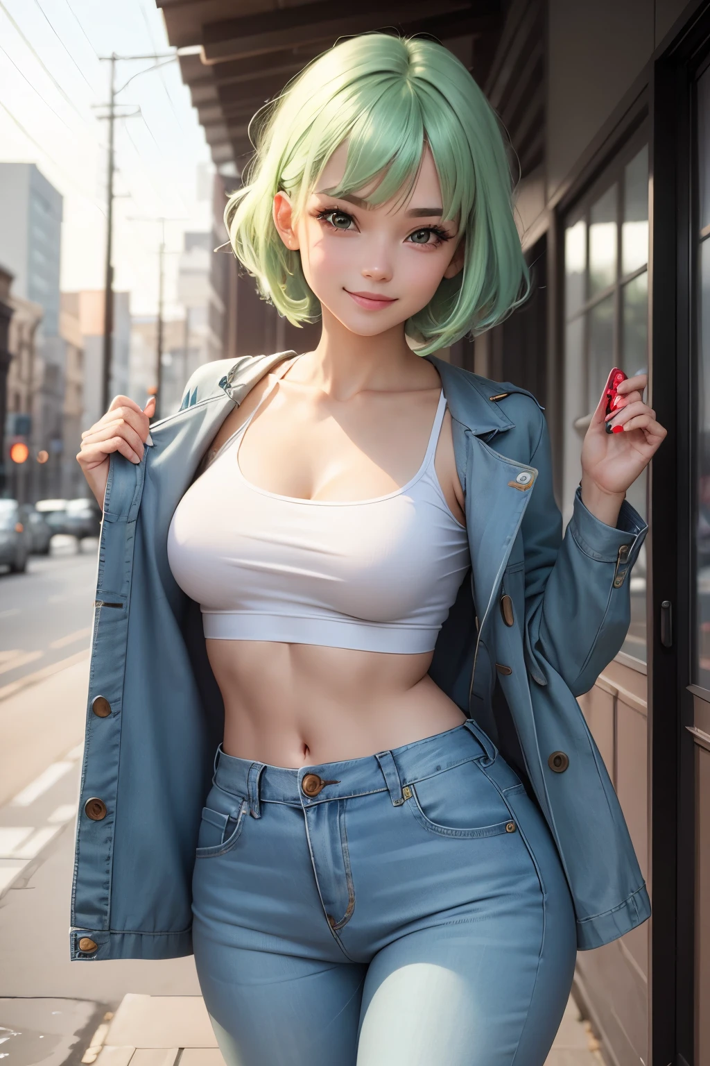 Cute girl, short light green hair, arousing, Fitini overall jeans, smile, sexy