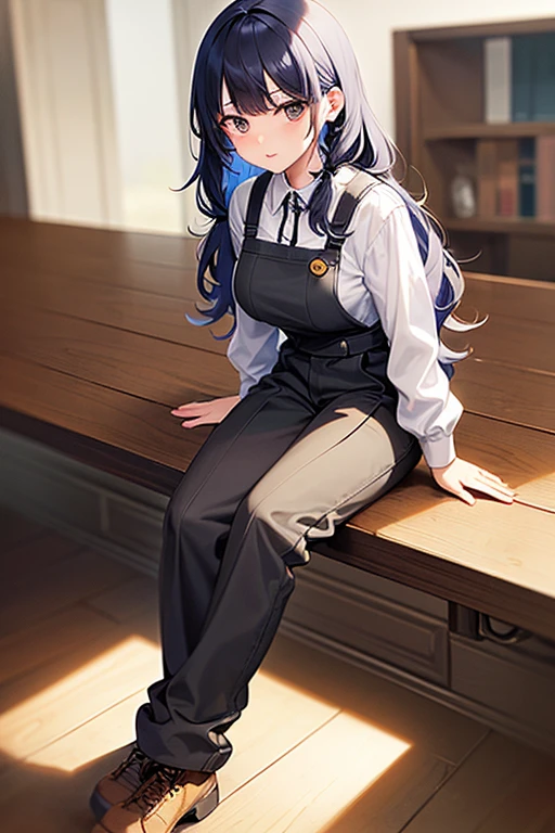((highest quality)), ((masterpiece)), (be familiar with), perfect face, one girl、、big breasts、small face、long hair、silky hair、foreign style braids、pastel blue hair、Full body figure、standing position、khaki、Work clothes、pants、Jumpsuit、work apron、safety boots、(Background: White wall)、no background
