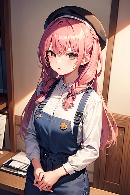 ((highest quality)), ((masterpiece)), (be familiar with), perfect face, one girl、15 years old、big breasts、small face、long hair、silky hair、foreign style braids、pastel blue hair、Full body figure、standing position、khaki、Work clothes、pants、Jumpsuit、work apron、safety boots、（Background: White wall）、no background