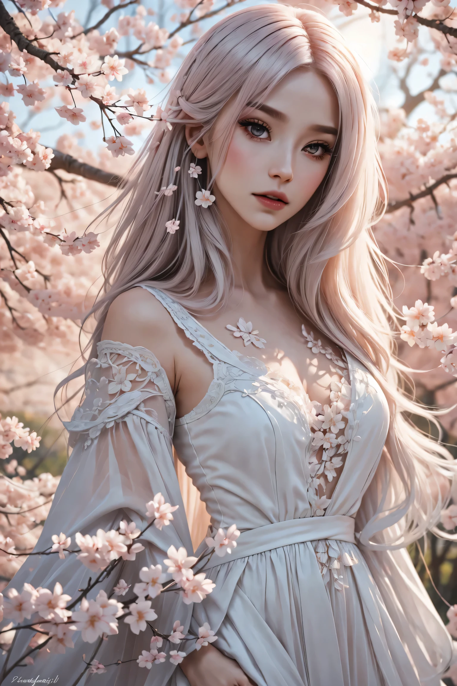 (best quality,4k,8k,high resolution,masterpiece:1.2),Super detailed,(actual,photoactual,photo-actual:1.37),Beautiful and delicate eyes,Beautiful and delicate lips,extremely detailed face,long eyelashes,1 girl,porcelain skin,red face,pink makeup,ruffled fancy dress,Delicate lace details,Long flowing hair,Plush hair accessories,Holding delicate cherry blossom branches,Floating cherry blossom petals,Soft pink and white color scheme,ethereal lights,Lush、Vibrant garden backdrop,Soft sunlight filtering through the trees,Cherry blossom trees are in full bloom,peaceful atmosphere,Faint cherry blossom fragrance,Fantastic romantic atmosphere.