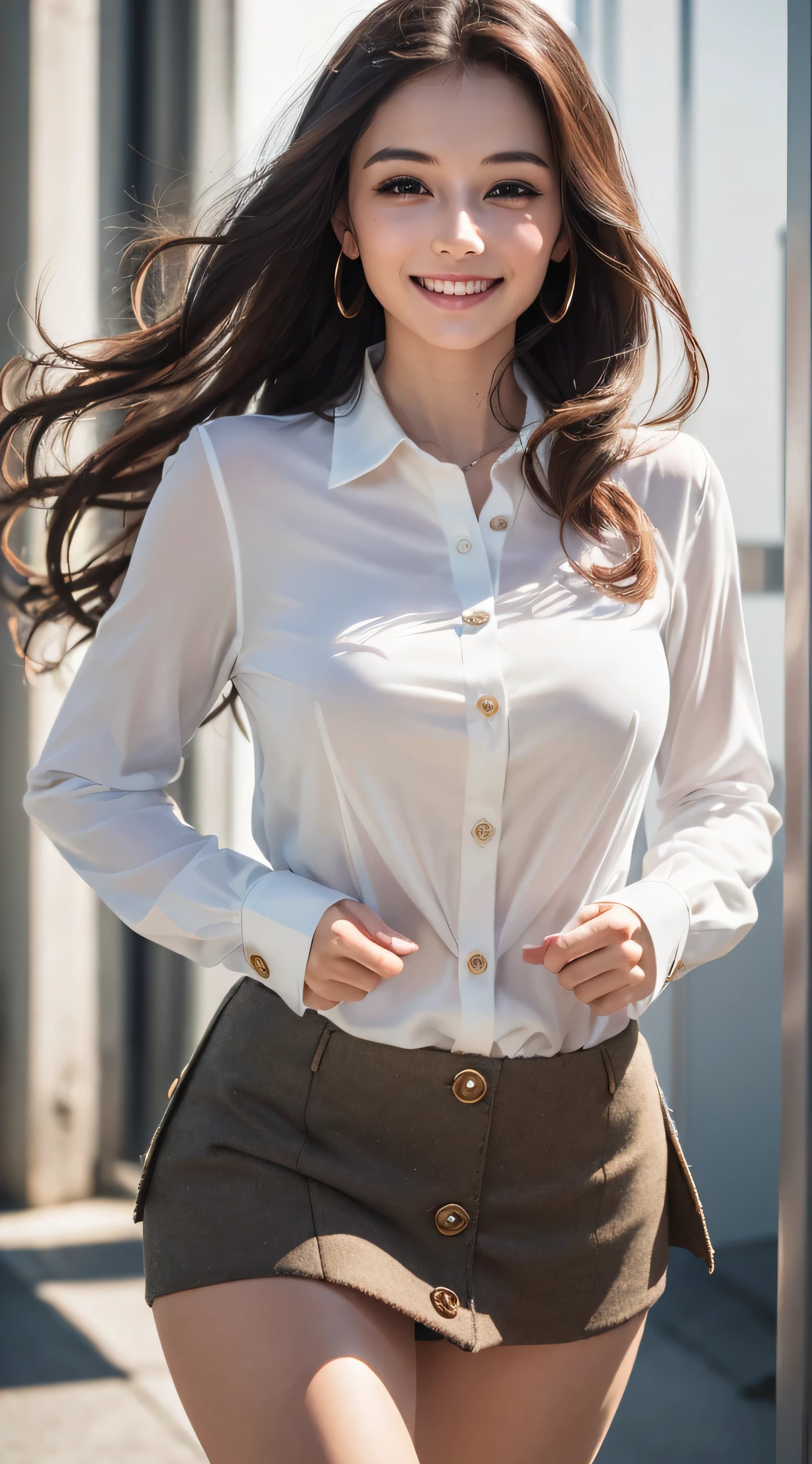 (8k、RAW photo、highest quality、masterpiece:1.2)、(real、photorealistic:1.37)、1girl、green eyes、long hair、Ultra-detailed cloth、((Hair with loose waves inside:1.2)),((Super long brown hair:1.2))((shy smile:1.3)),1girl in、((white long sleeve button blouse_brown tweed miniskirt:1.3)),running towards here、long hairをたなびかして、((With a smile_running towards here_long flowing hair_Breathtaking:1.3))