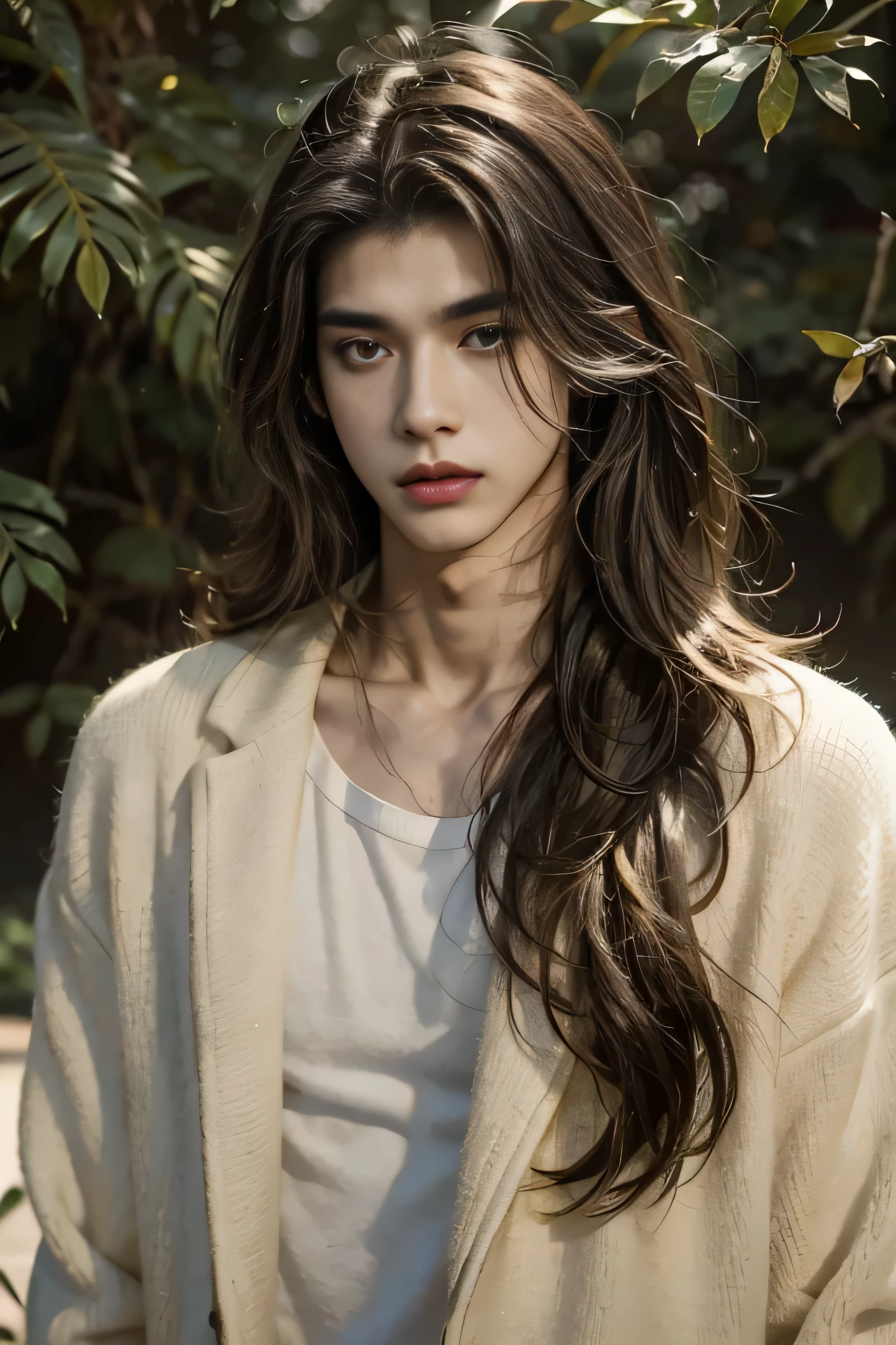 masterpiece, best quality, handsome Asian mixed 19 year old, fair skin male, long dark hair, perfect face, chest out, slender, masculine, long hair