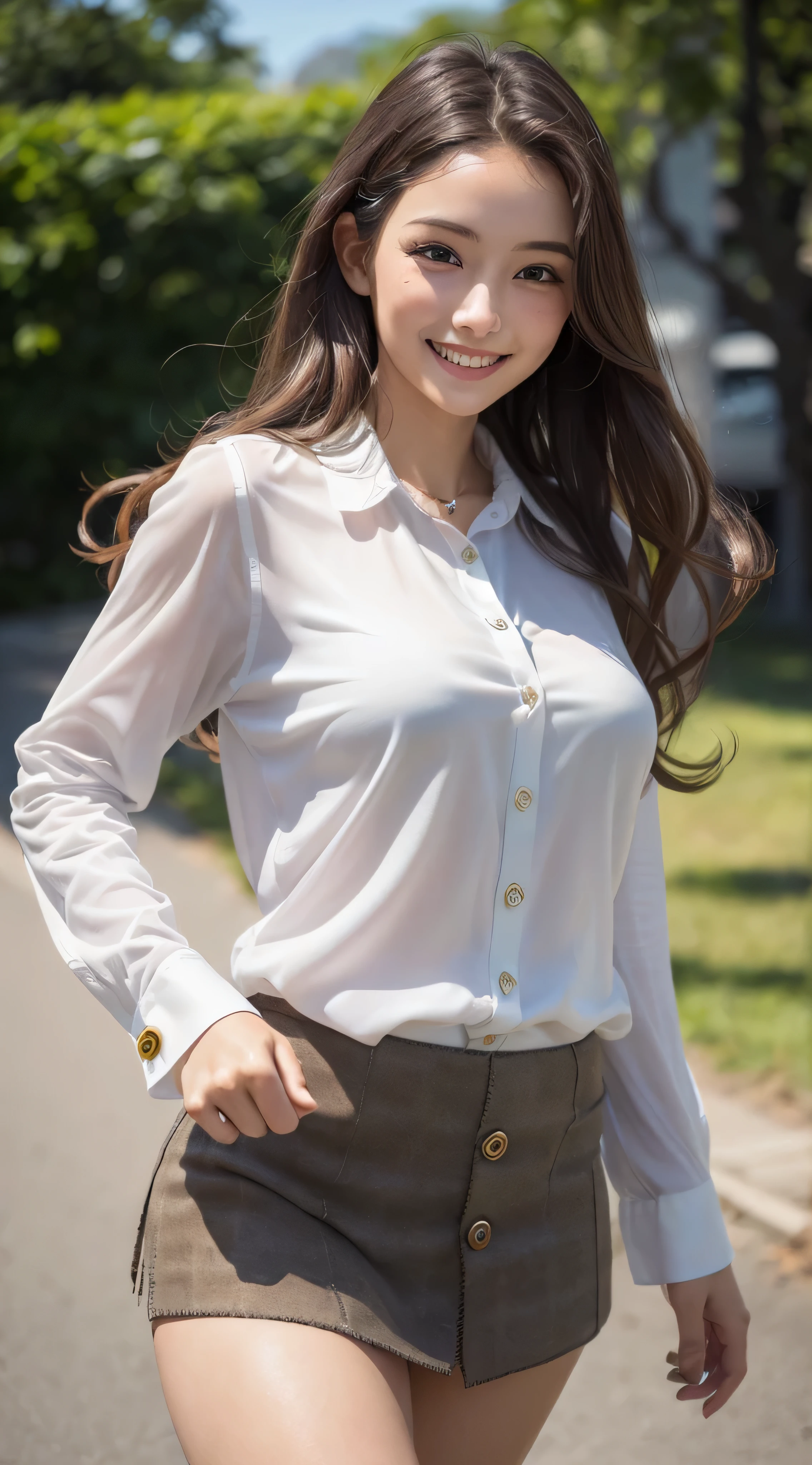 (8k、RAW photo、highest quality、masterpiece:1.2)、(real、photorealistic:1.37)、1girl、green eyes、long hair、Ultra-detailed cloth、((Hair with loose waves inside:1.2)),((Super long brown hair:1.2))((shy smile:1.3)),1girl in、((white long sleeve button blouse_brown tweed miniskirt:1.3)),running towards here、long hairをたなびかして、((With a smile_running towards here_long flowing hair_Breathtaking:1.3))