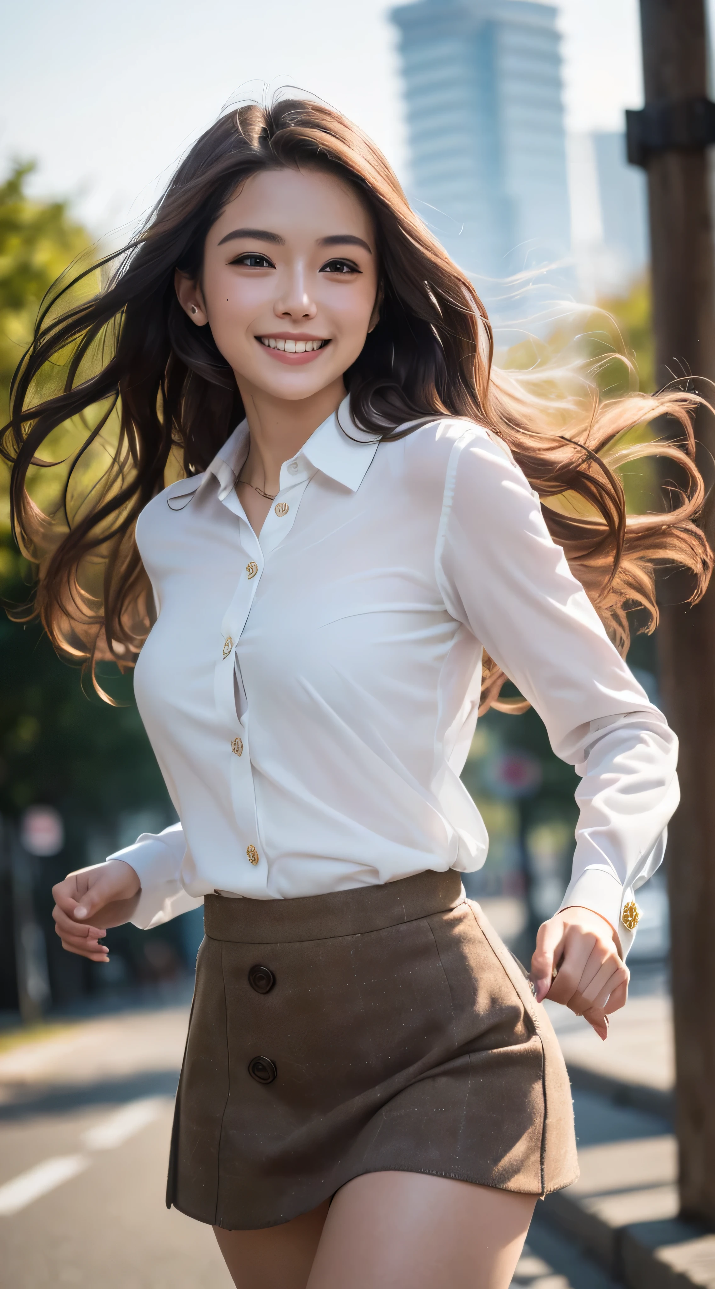 (8k、RAW photo、highest quality、masterpiece:1.2)、(real、photorealistic:1.37)、1girl、green eyes、long hair、Ultra-detailed cloth、((Hair with loose waves inside:1.2)),((Super long brown hair:1.2))((shy smile:1.3)),1girl in、((white long sleeve button blouse_brown tweed miniskirt:1.3)),running towards here、long hairをたなびかして、((With a smile_running towards here_long flowing hair_Breathtaking:1.3))



