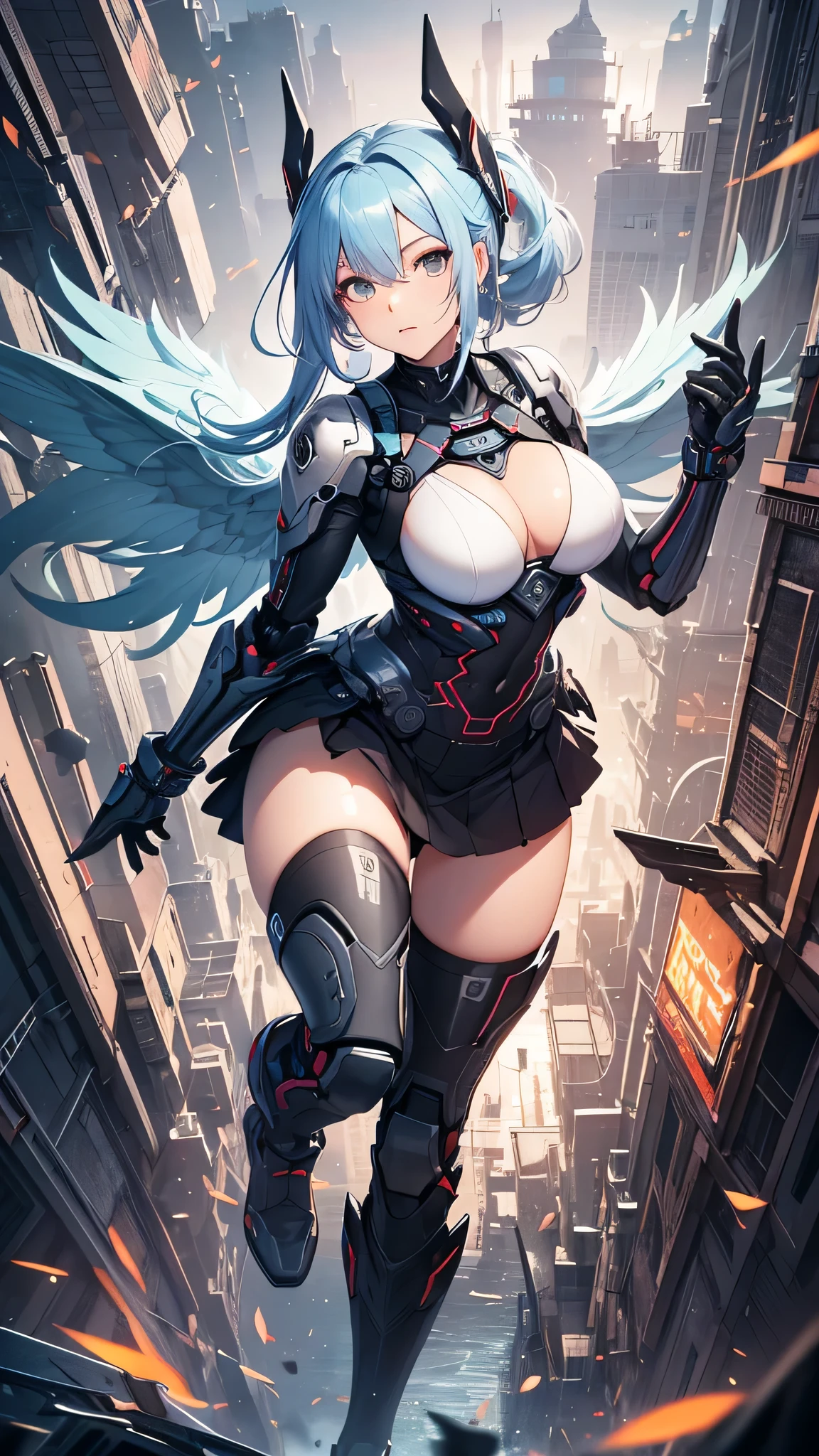 最high quality、best image quality、masterpiece、girl((cyborg、20-year-old、 By becoming、vest bust、medium bust,wide open breast tea、shining eyes, light blue hair、long hair、thin,highest valley、ponytail、robot body、Machine body、half-backed posture、floating state、mechanical sword、sharp mechanical wings、shiny boots、black underwear、black skirt、discharge from the whole body,)),high quality、beautiful art、background((Near future、Machine area、energy field))、Flight、debris flies、Depth of written boundary、movie、visual art、perfect art、8k,genuine、