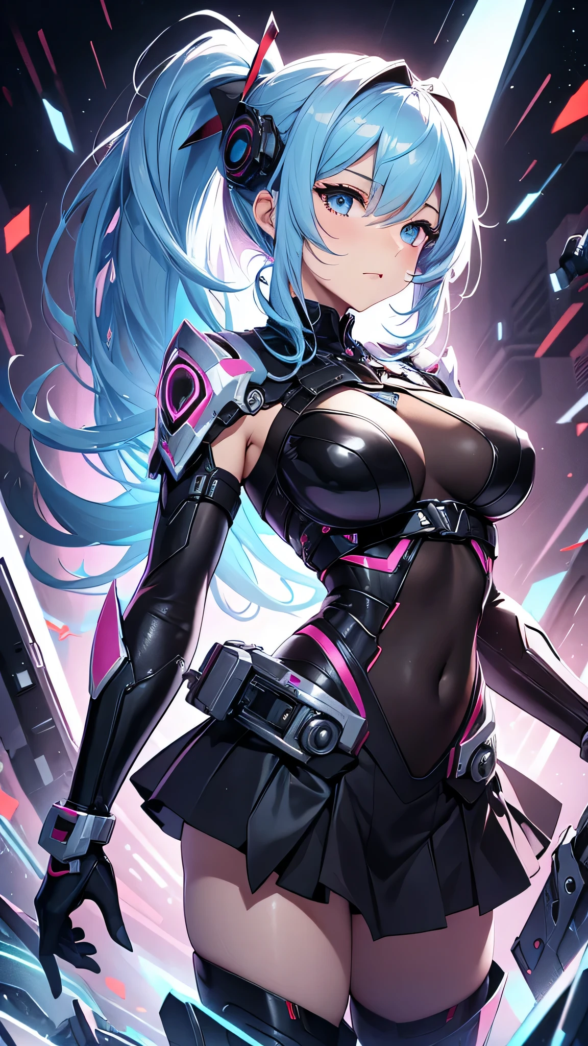 最high quality、best image quality、masterpiece、girl((cyborg、20-year-old、 By becoming、vest bust、medium bust,wide open breast tea、shining eyes, light blue hair、long hair、thin,highest valley、ponytail、robot body、Machine body、half-backed posture、floating state、mechanical sword、sharp mechanical wings、shiny boots、black underwear、black skirt、discharge from the whole body,)),high quality、beautiful art、background((Near future、Machine area、energy field))、Flight、debris flies、Depth of written boundary、movie、visual art、perfect art、8k,genuine、