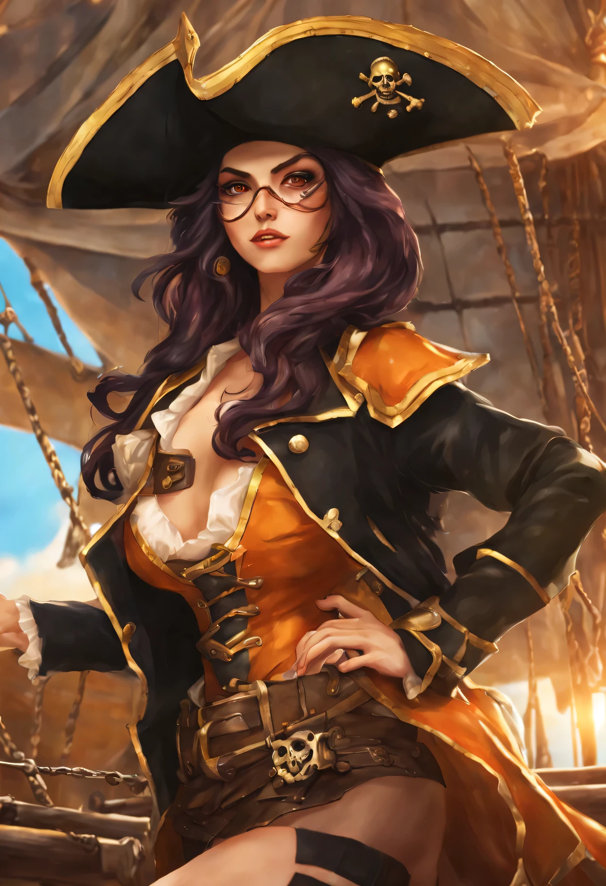 (Age of Discovery: by galleon, cannon:1.33),
(background: liquid gold theme: Fascinating electric element visuals:1.21), 
masterpiece, photo-realistic, absurd resolution, unity-8k, official art, ink painting, ice camera photography ,double exposure prism,
Pirate girl standing on deck 1 posing for a photo, (holding  cannon:1.46), (Perfect anatomy, perfect hands, only five fingers), ((close arrogant pose_up face)),
Canon RF28-70mm F/2.0 LUSM,
award-winning,
break
(fine brown eyes, jet black hair,inner color orange ombre hair multicolored hair:1.21), curly hair:1.21, pirate hat:1.33,
(angry grumpy, Facial expression emphasis:1.33),
((wearing a black crystal pirate dress,  black diamond theme: Fascinating electric element visuals pattern:1.33)), detailed huge cannon, 
god&#39;s light,right ray,ray tracing, 
