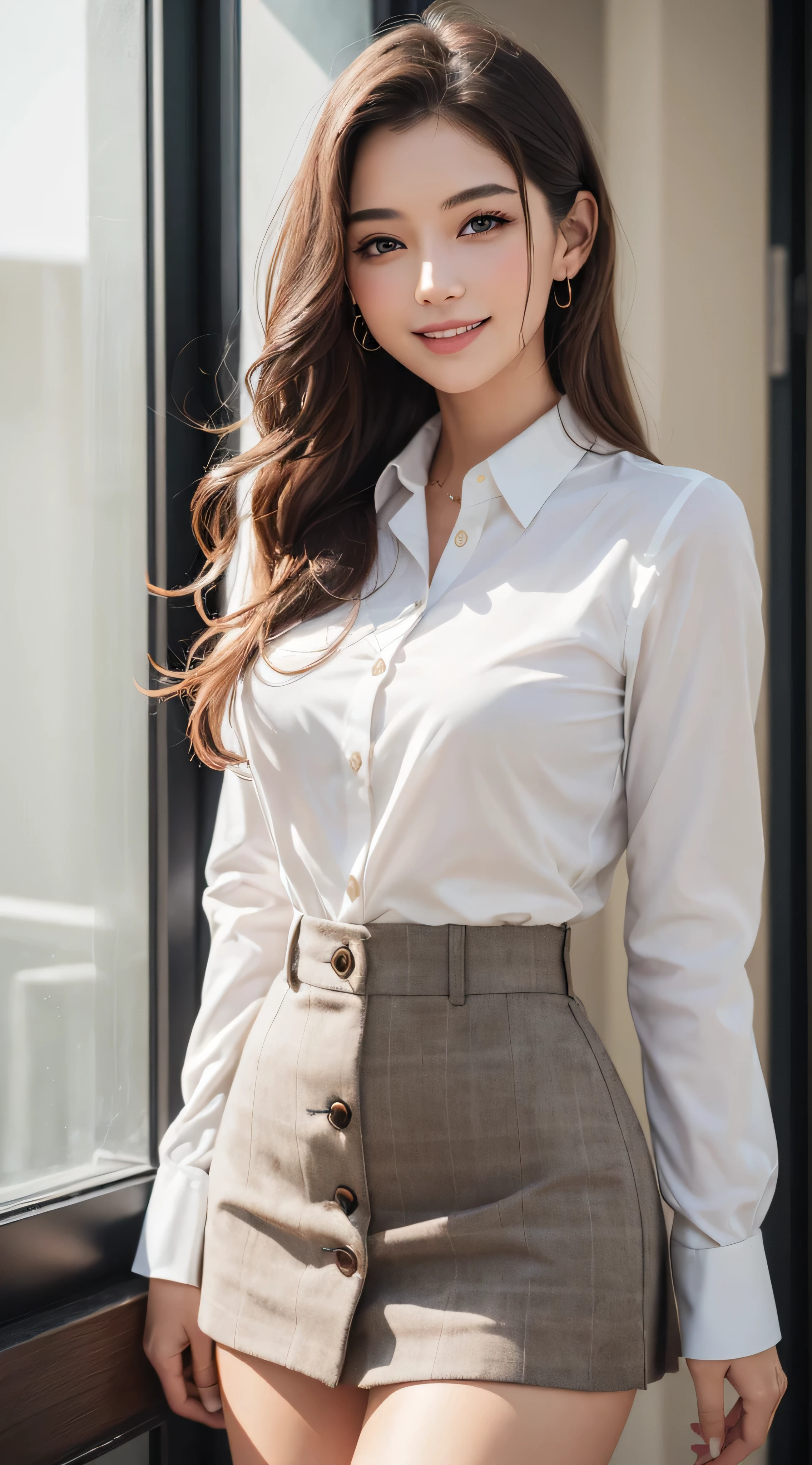 (8k、RAW photo、highest quality、masterpiece:1.2)、(real、photorealistic:1.37)、1girl、green eyes、long hair、Ultra-detailed cloth、((Hair with loose waves inside:1.2)),((Super long brown hair:1.2))((shy smile:1.3)),1girl in、((white long sleeve button blouse_brown tweed miniskirt:1.3)),