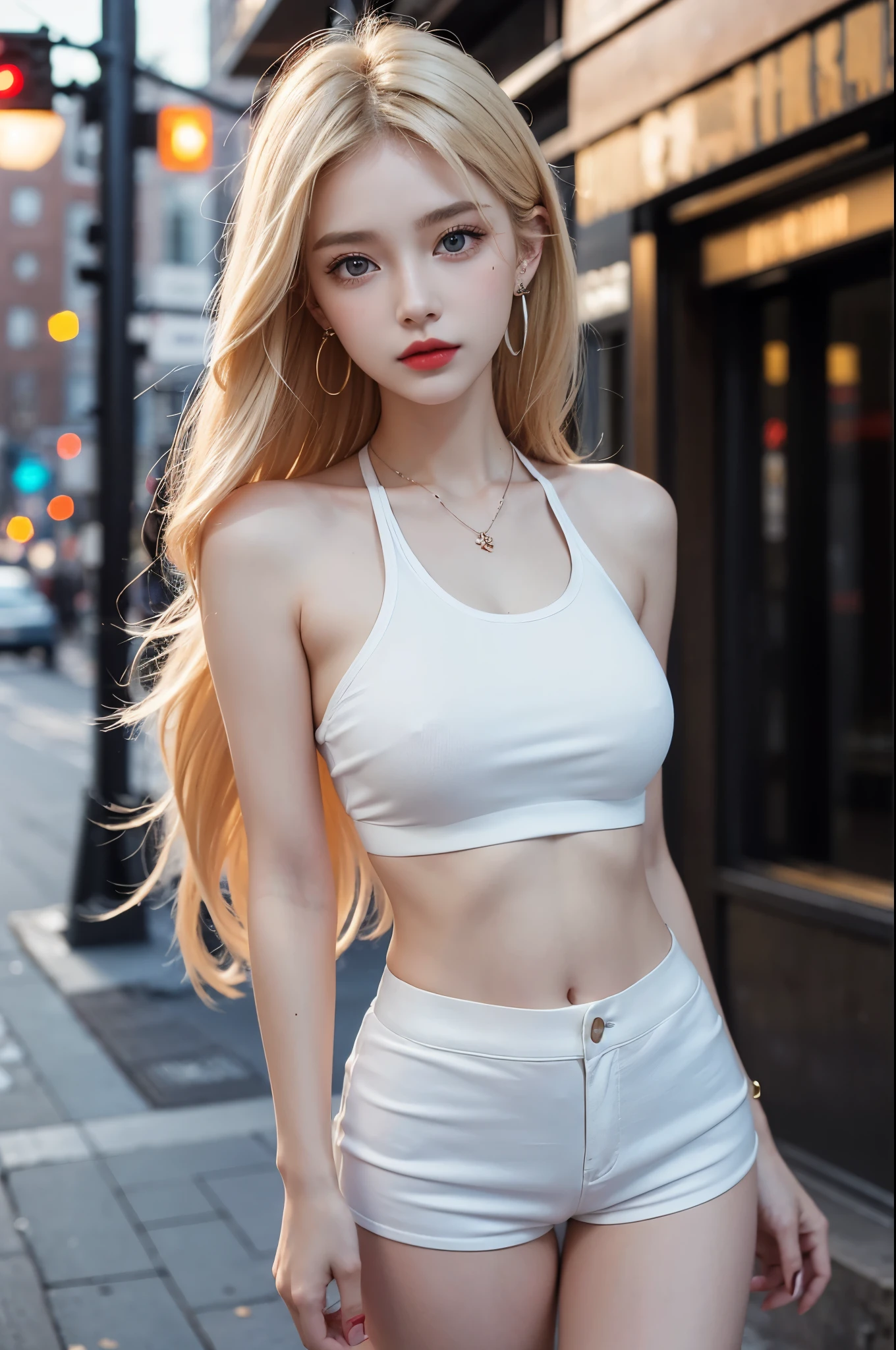 Urban beautiful girl college student, masterpiece, Charming Russian model Nata Lee, light makeup, red lips, blonde hair, messy long hair, street background, beautiful, elegant. Ultra-fine details, masterworks, real texture, cinematic lighting realism, perfect work, 8k, HD, exquisite facial features, white tight open-cut top, transparent white tight shorts, slim figure, bright big eyes, smooth skin, earrings, necklace, tattoos.