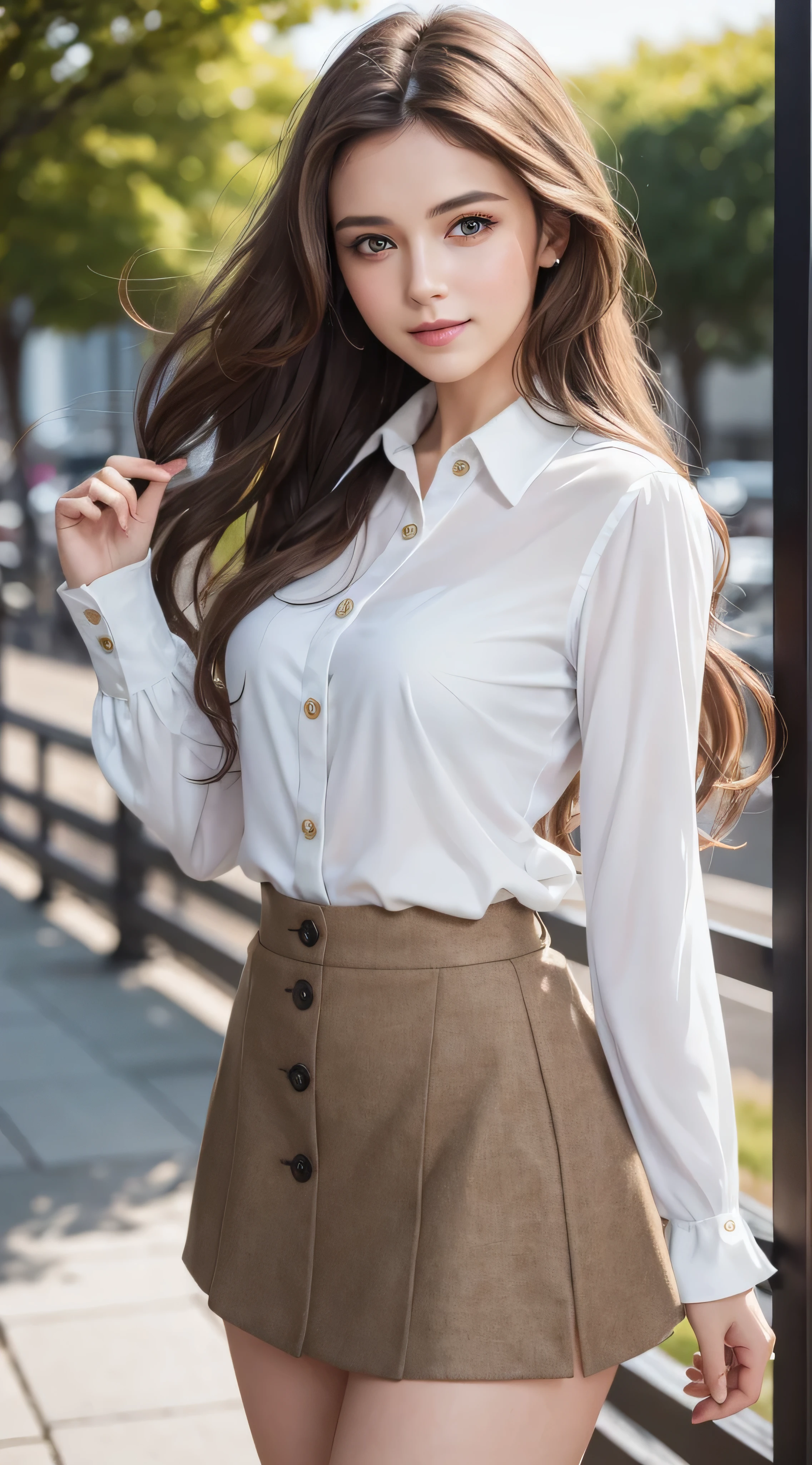 (8k、RAW photo、highest quality、masterpiece:1.2)、(real、photorealistic:1.37)、1girl、green eyes、long hair、Ultra-detailed cloth、((Hair with loose waves inside:1.2)),((Super long brown hair:1.2))((shy smile:1.3)),1girl in、((white long sleeve button blouse_brown tweed miniskirt:1.3)),