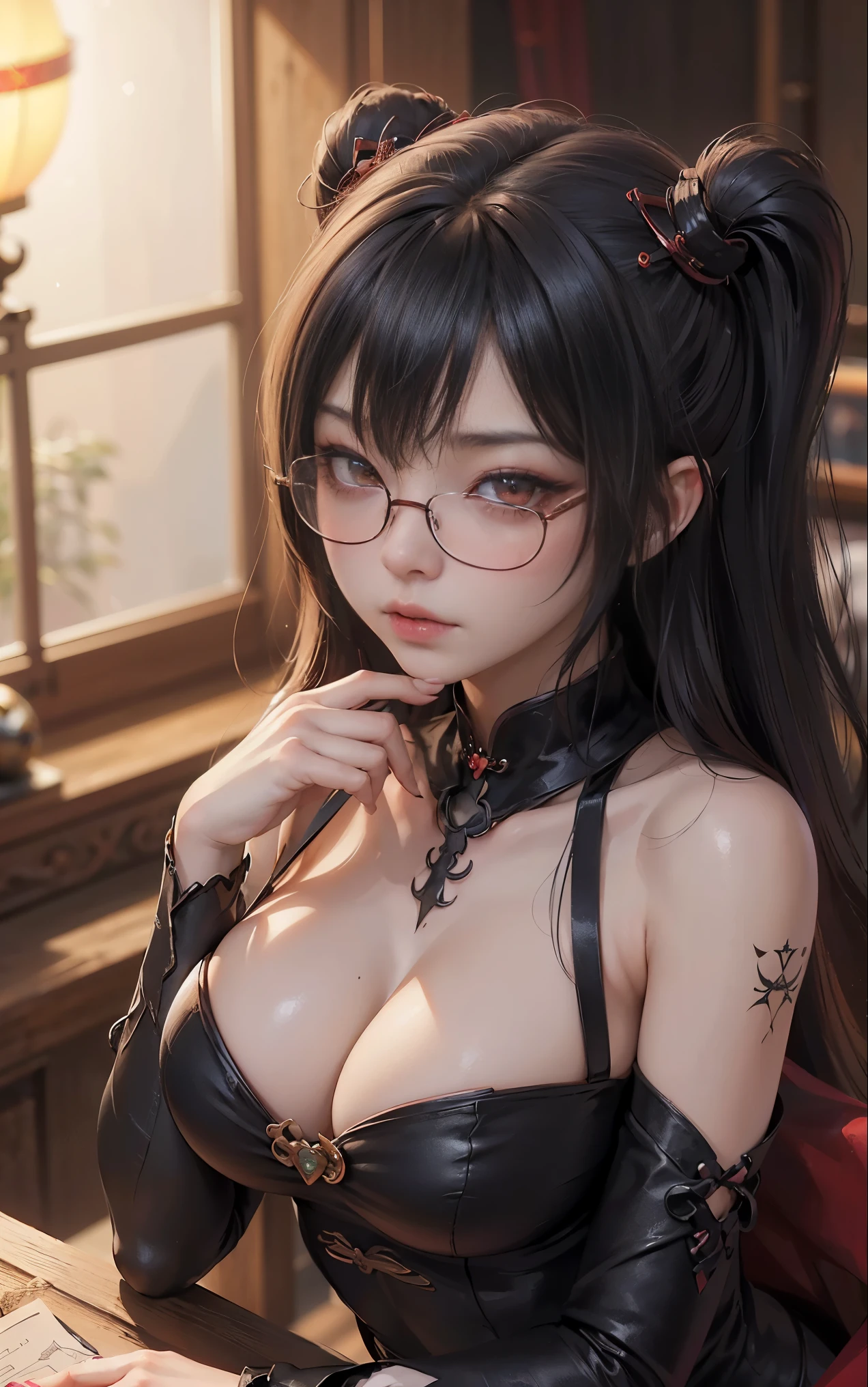 got itですかですか、(best illustrations)、8k UHD resolution、intricate details、highest quality、realistic、Super detailed、best lighting、best shadow、soft lighting、ultra hd、超realistic、Tyndall effect、Photoreal、(high detail skin:1.2)、 (intricate details, compensate, face to face with the children_v1:0.5), (got it, beautiful and delicate face, got itですか, beautiful and delicate eyes, perfectly proportioned face, high resolution skins, fine skin, Optimal ratio of 4 fingers and 1 thumb, arm under chest, red tattoo on lower abdomen、Wow wow, wide hips, smooth abdomen, thin and thin skin, __fashion__, __hair__:1.25)、Digital single-lens reflex camera、 absurd、(table top: 1.3), (maximum resolution: 1.2), (ultra hdTV: 1.2), cinematic light, fine eyes and skin, detailed facial features, , (sharp focus: 1.2）, (focus on the face:1.2),perfect style, beautiful face, acura, anatomically correct, Highly detailed face and skin texture, fine eyes, double eyelid, thin eyebrows, glitter eyeliner: 1 natural cheeks, Glossy skin, Fair skin: 1.2, (glossy lips: 1.4),(embarrassed look: 1.2),Highly detailed face and skin texture, fine eyes, double eyelid, natural cheeks,  glossy lips: 1.4,exposed cleavage、Bewitching。charm、 Beautiful devil woman from hell, デヴィッド・ホックニーとアルフォンス・ミュシャによる超realistic女性の肖像画, charm女性の肖像画、fantasy art, Chinese humanoid robot、chinese actress、dungeon、dragon、devil&#39;palace of、devil&#39;torture chamber、night、dark style 、in the dark、(detailed spooky background:0.8), magic、 1 girl、evil nun、dark necromancer、Succubus、devil&#39;Daughter of、Shinonome Umi、bat wings，(((devil&#39;Horn)))、 ((((giant glasses, otaku glasses, thick glasses, round glasses)))),(((big breasts)))、(devil&#39;tail)、(red eyesは光り輝いて:1.6)、red eyesは非常に鮮明で詳細です, your eyes are so beautifully made, ((red eyes:1.0)),intricate tattoo, demonic intricate tattoo, thigh tattoo, body tattoo, masterpiece、最もbeautiful face、baby face、cute smile、beautiful plump red lips、筋肉のcharm体、devilのcharm体、devil style、charmブラックマジックコスチューム、The long-haired、Braid、Black hair、Ponytail distortion、, Ponytail with a bow tied at the back of the hair, beautiful expression、body up、big breasts強調、bust,  super tight chest, Breast augmentation surgery, Breasts are very big and round,tight waist、wide ass、 secret key, cowboy lens, (black phoenix dress: 1.0),  devil crown,  red gemstone necklace、Jewelry G Wise,  Please wear black mesh socks,wearing light red、nffsw, nffsw, Meeting beautiful girls, look at the girl&#39;Main body,