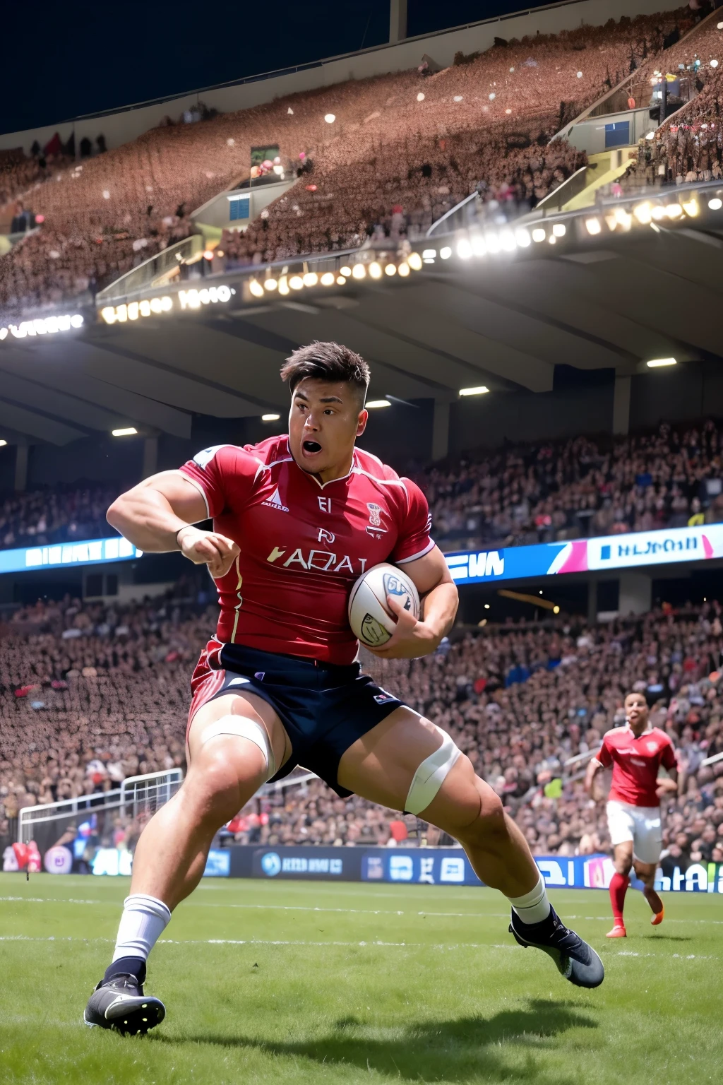 (8K, RAW photo, top-quality, masterpiece: 1.2), (cinematic lighting: 1.10),
(Asian rugby player, full body, poised for action, muscular build, determined expression),
(Wide angle: 24mm, aspect ratio: 16:9, -s2-upscale),
(Stadium: filled with enthusiastic fans, night scene, spotlights illuminating the field),

(Extraordinary detail: every vein, every muscle fibre clearly visible),
(Emotive, powerful composition: rugged player set against the backdrop of the pulsating crowd),
(Dynamic energy: