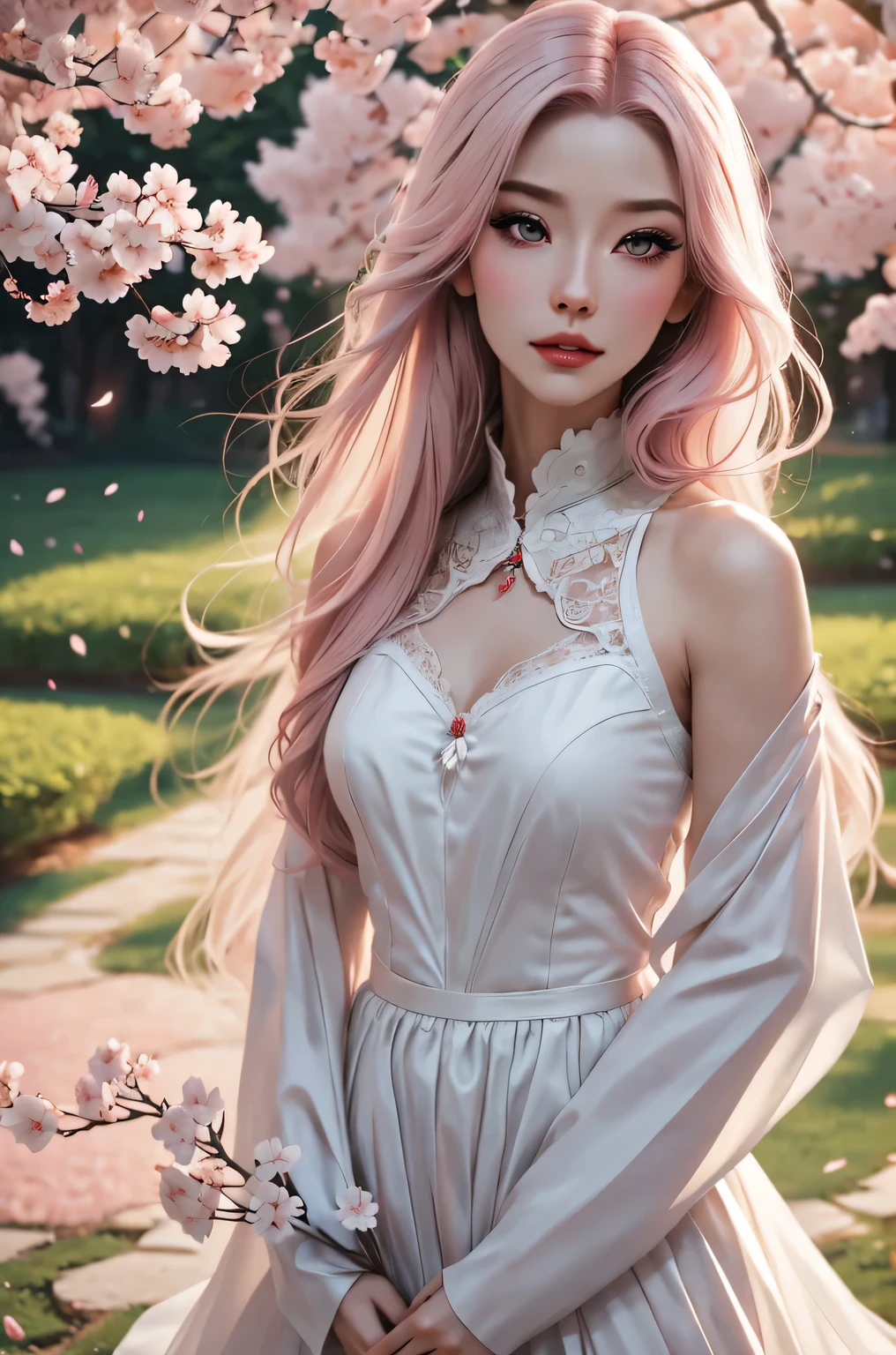 (best quality,4k,8k,high resolution,masterpiece:1.2),Super detailed,(actual,photoactual,photo-actual:1.37),Beautiful and delicate eyes,Beautiful and delicate lips,extremely detailed face,long eyelashes,1 girl,porcelain skin,red face,pink makeup,ruffled fancy dress,Delicate lace details,Long flowing hair,Plush hair accessories,Holding delicate cherry blossom branches,Floating cherry blossom petals,Soft pink and white color scheme,ethereal lights,Lush、Vibrant garden backdrop,Soft sunlight filtering through the trees,Cherry blossom trees are in full bloom,peaceful atmosphere,Faint cherry blossom fragrance,Fantastic romantic atmosphere.