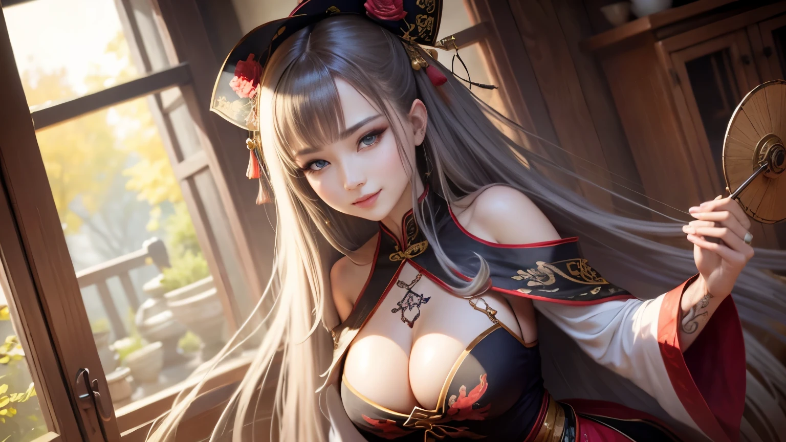 High resolution, 1 female, hip up, beautiful eyes, Ring-shaped eyes, jewelry, tattoo, Hanfu, chinese fairy, taoist uniform、cleavage、smile、