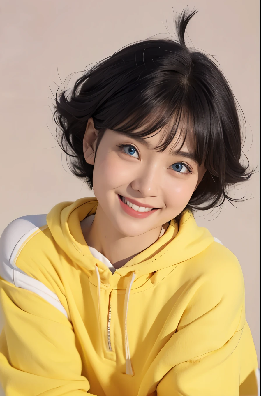 1fimale, uzumaki himawari in anime boruto the next generation, short hair, black hair, blue eyes, yellow clothes, realistic clothes, beautiful, smile, konoha bacground, realistic, ultra detail