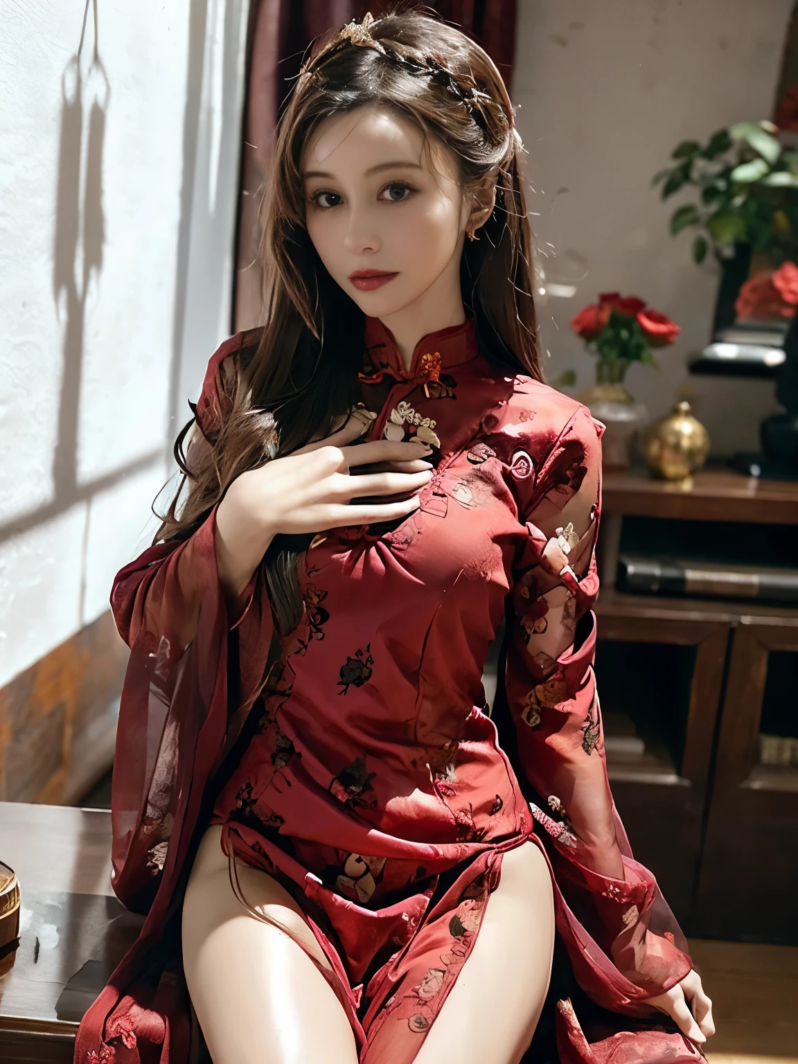 Asshole、((red rose pattern cheongsam dress))、(((Intricate decorative detail on chest)))、intricate decorative details、very intricate details、pink rose print lace tights、small panties、big breasts、slender body、short bob、Breasts that tempt、Portrait、RAW photo、highest quality、masterpiece、超A high resolution、(Photoreal:1.4)、octane rendering、8K quality、super sharp、intricate decorative details、very intricate details、realistic light