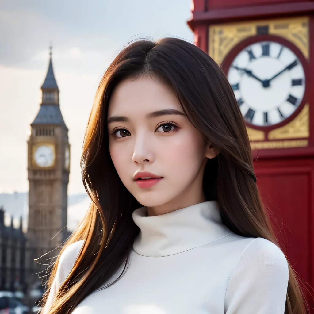 Girl, soft long brown hair, gray eyes, white skin, sharp features, young woman, winter long-sleeved dress style, London clock tower background