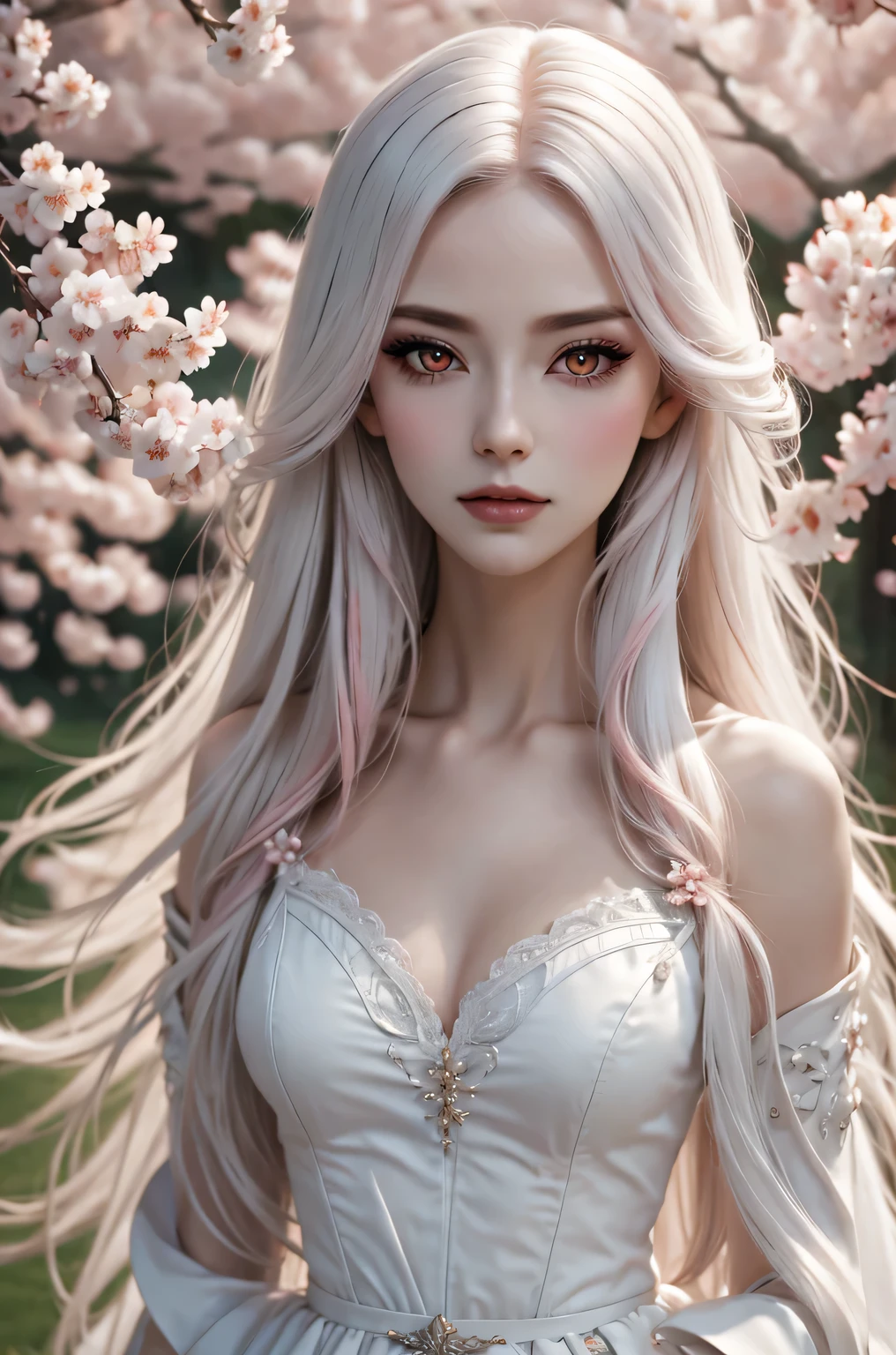 (best quality,4k,8k,high resolution,masterpiece:1.2),Super detailed,(actual,photoactual,photo-actual:1.37),Beautiful and delicate eyes,Beautiful and delicate lips,extremely detailed face,long eyelashes,1 girl,porcelain skin,red face,pink makeup,ruffled fancy dress,Delicate lace details,Long flowing hair,Plush hair accessories,Holding delicate cherry blossom branches,Floating cherry blossom petals,Soft pink and white color scheme,ethereal lights,Lush、Vibrant garden backdrop,Soft sunlight filtering through the trees,Cherry blossom trees are in full bloom,peaceful atmosphere,Faint cherry blossom fragrance,Fantastic romantic atmosphere.