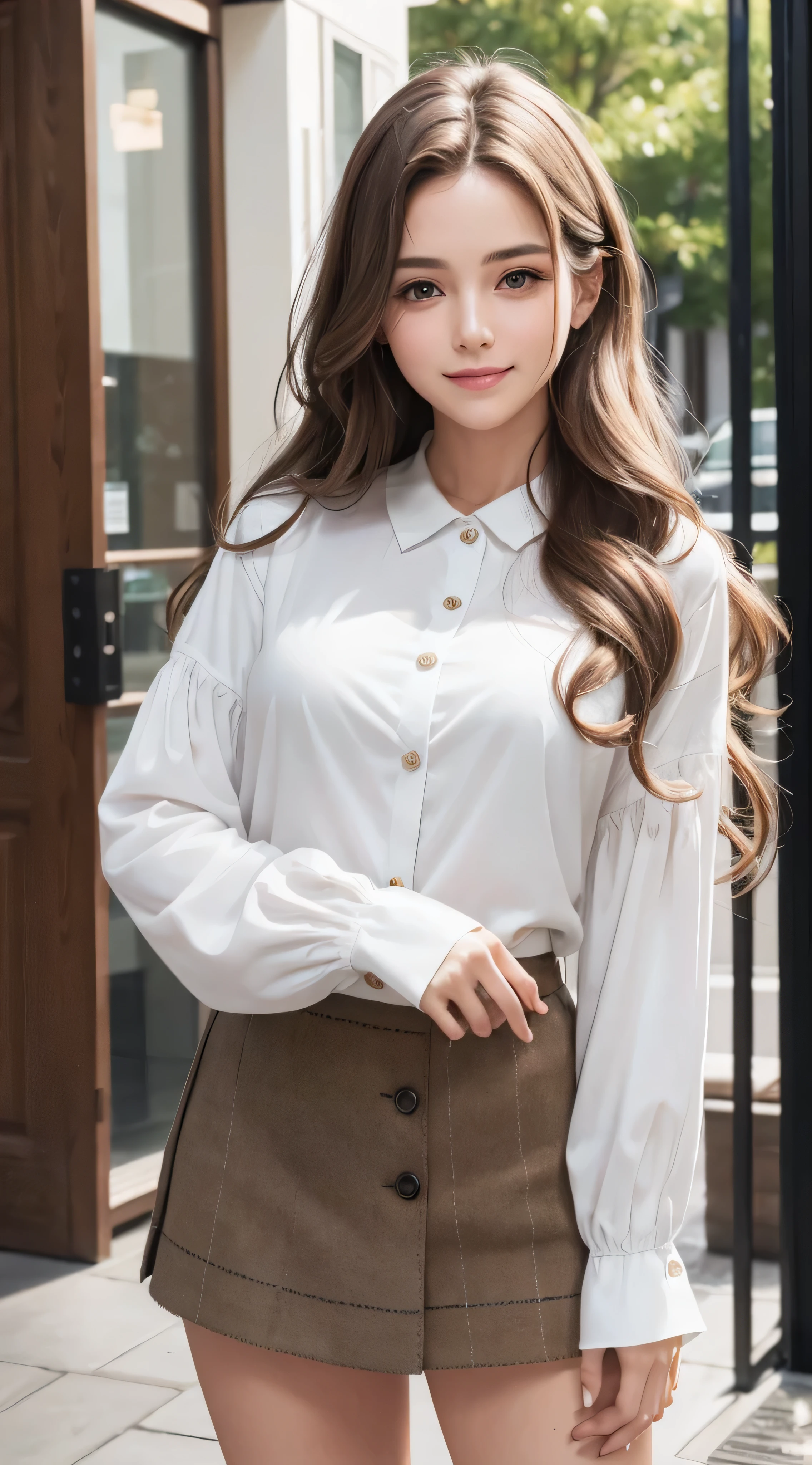 (8k、RAW photo、highest quality、masterpiece:1.2)、(real、photorealistic:1.37)、1girl、green eyes、long hair、Ultra-detailed cloth、((Hair with loose waves inside:1.2)),((Super long brown hair:1.2))((shy smile:1.3)),1girl in、((white long sleeve button blouse_brown tweed miniskirt:1.3)),