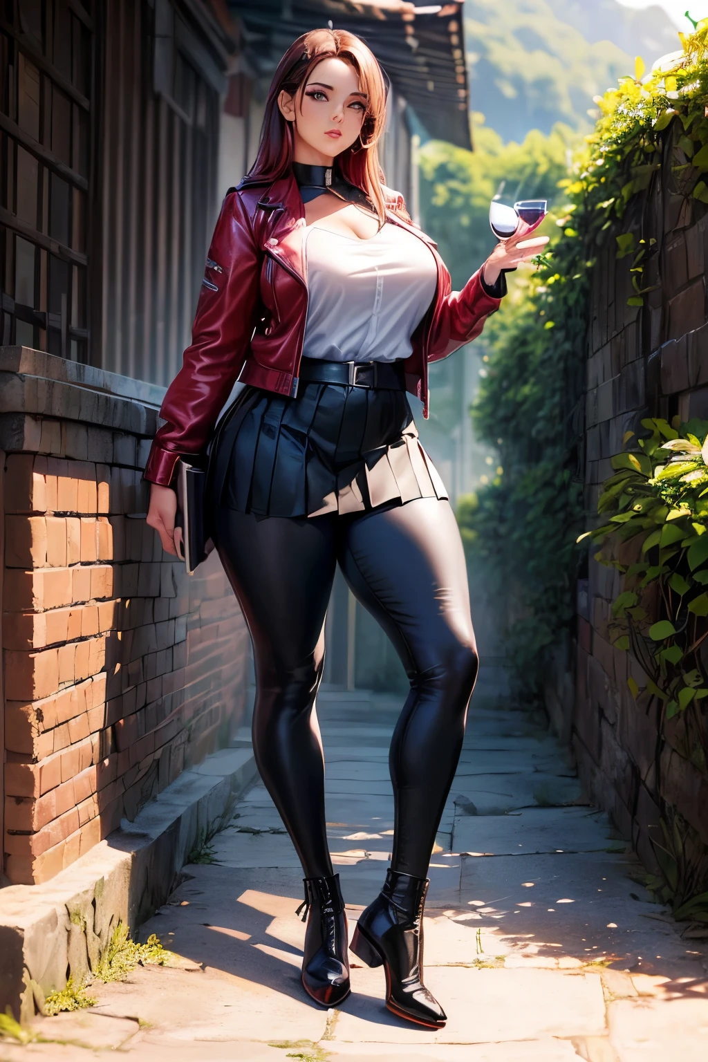 (masterpiece) Mulher, vestindo (( top esportivo de couro preto e vermelho, black leggings and a pleated leather skirt, jaqueta de pele longa, bota de cano alto com salto, holding a book in one hand and a glass of wine in the other)) , Appearance ((cabelo negro preso em um cabo de cavalo alto, modelo plus size, olhos castalhos brilhantes, olhos detalhados, labios vermelhos)), ambiente, andando em uma rua enoevoada ao por do sol 