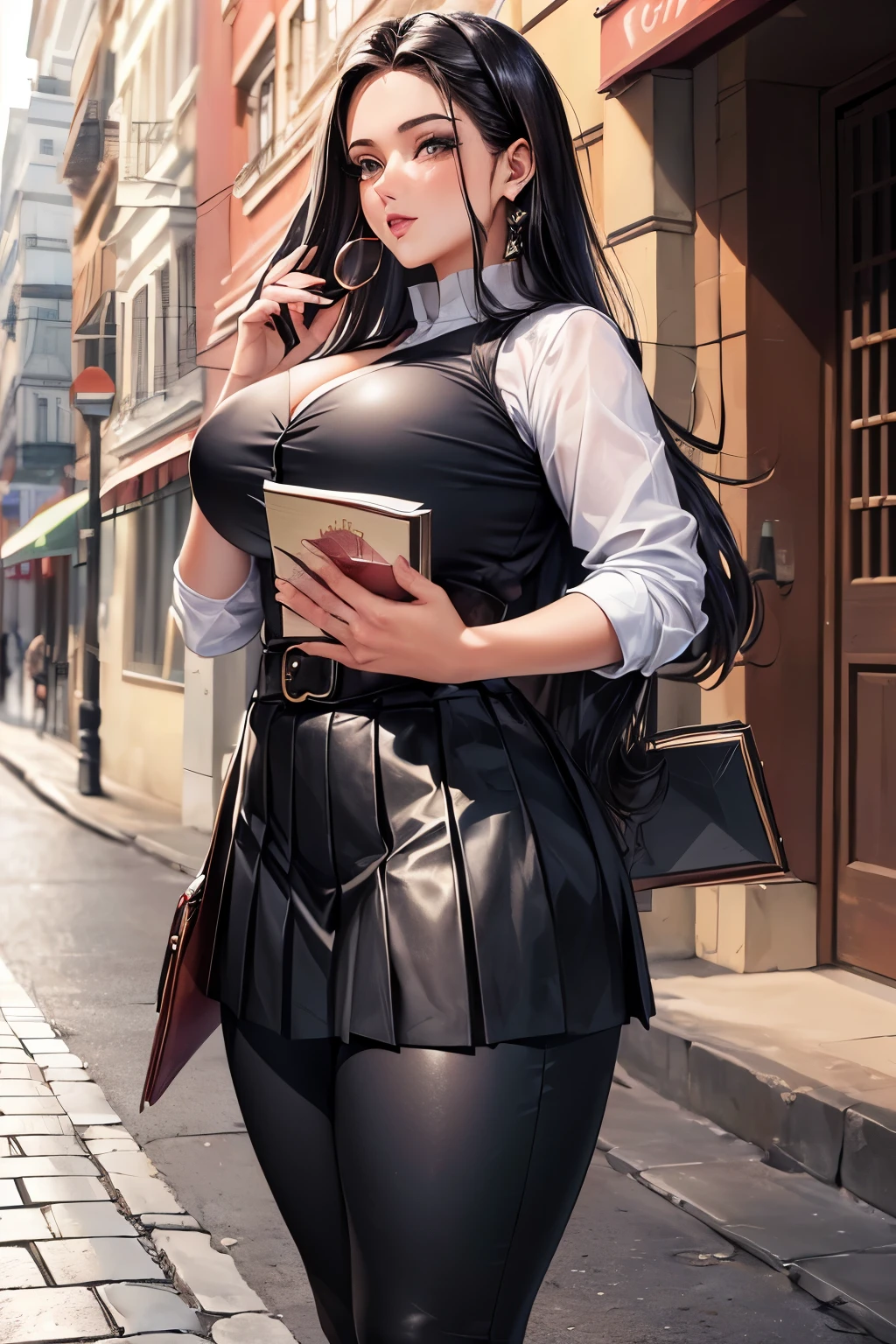 (masterpiece) Mulher, vestindo (( top esportivo de couro preto e vermelho, black leggings and a pleated leather skirt, jaqueta de pele longa, bota de cano alto com salto, holding a book in one hand and a glass of wine in the other)) , Appearance ((cabelo ????? preso em um cabo de cavalo alto, modelo plus size, olhos castalhos brilhantes, olhos detalhados, labios vermelhos)), ambiente, andando em uma rua enoevoada ao por do sol 