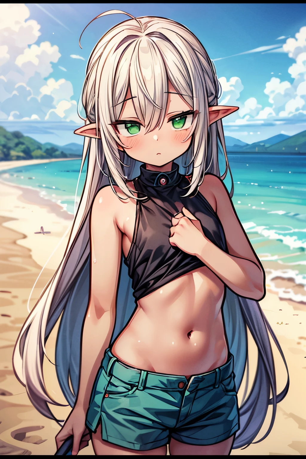 ((Masterpiece)), (Anime:1.3), ((best quality)), (RAW photo:1.2), (High Definition:1.3), (Professional Photography:1.2), (), (Beautiful jade green eyes:1.5), (dark skin), elvish, (hair over eyes:1.2), girl in, (Surprising Pose girl), blue eyes, very long bangs, straight haired, very long transverse hair, blond hair, Beach, flat chest, Tank tops, shortpants, blush, slender waist, anime screen cap,