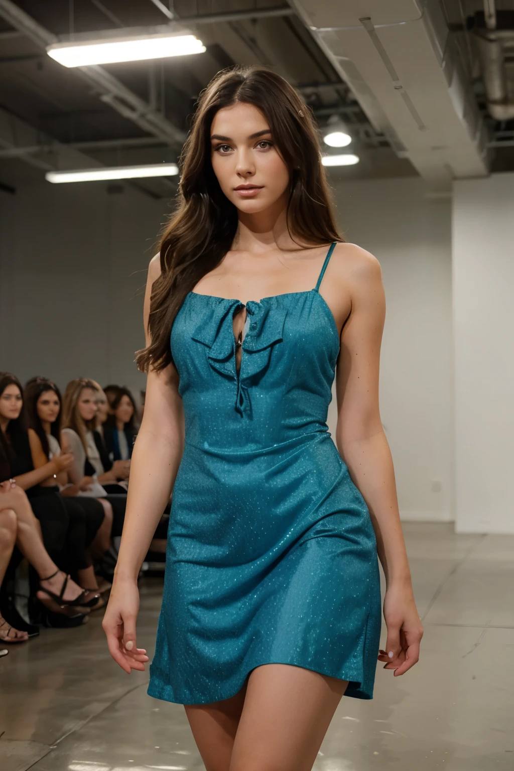 A portrait of a Burnette woman standing in a runway modeling a dress