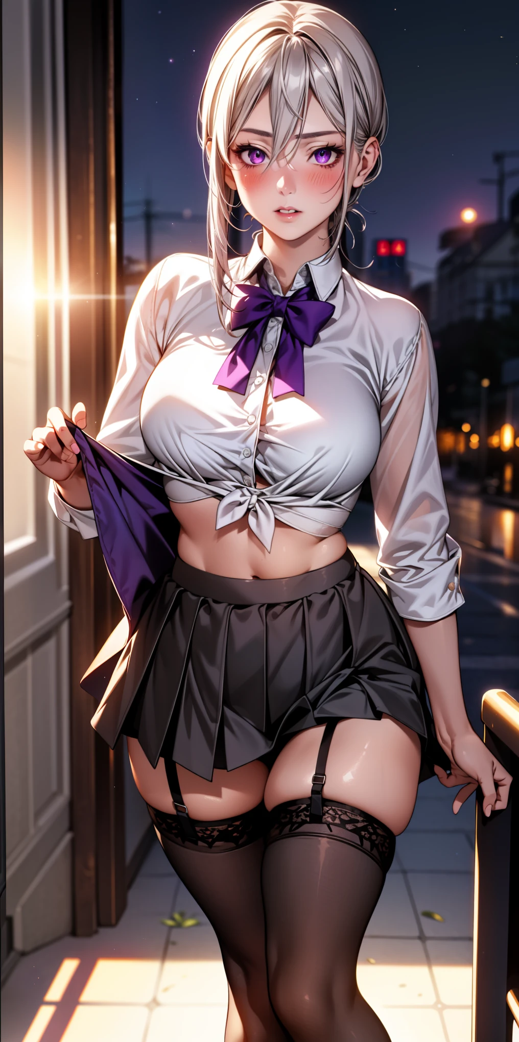 realisTic, 1 girl, gray hair, purple eyes, shining eyes, crop Top, skirT, parTed lips, blush, nighT, flowers, sun, sunlighT, (In underwear), sTockings, i Don&#39;T&#39;Don&#39;T have cloThes, visible panTies, embarrassing, almosT i Don&#39;T&#39;Don&#39;T have cloThes, wearing a garTer belT