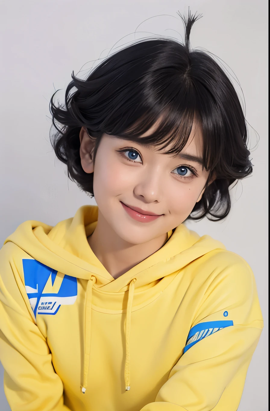 1fimale, uzumaki himawari in anime boruto the next generation, short hair, black hair, blue eyes, yellow clothes, realistic clothes, beautiful, smile, konoha bacground, realistic, ultra detail