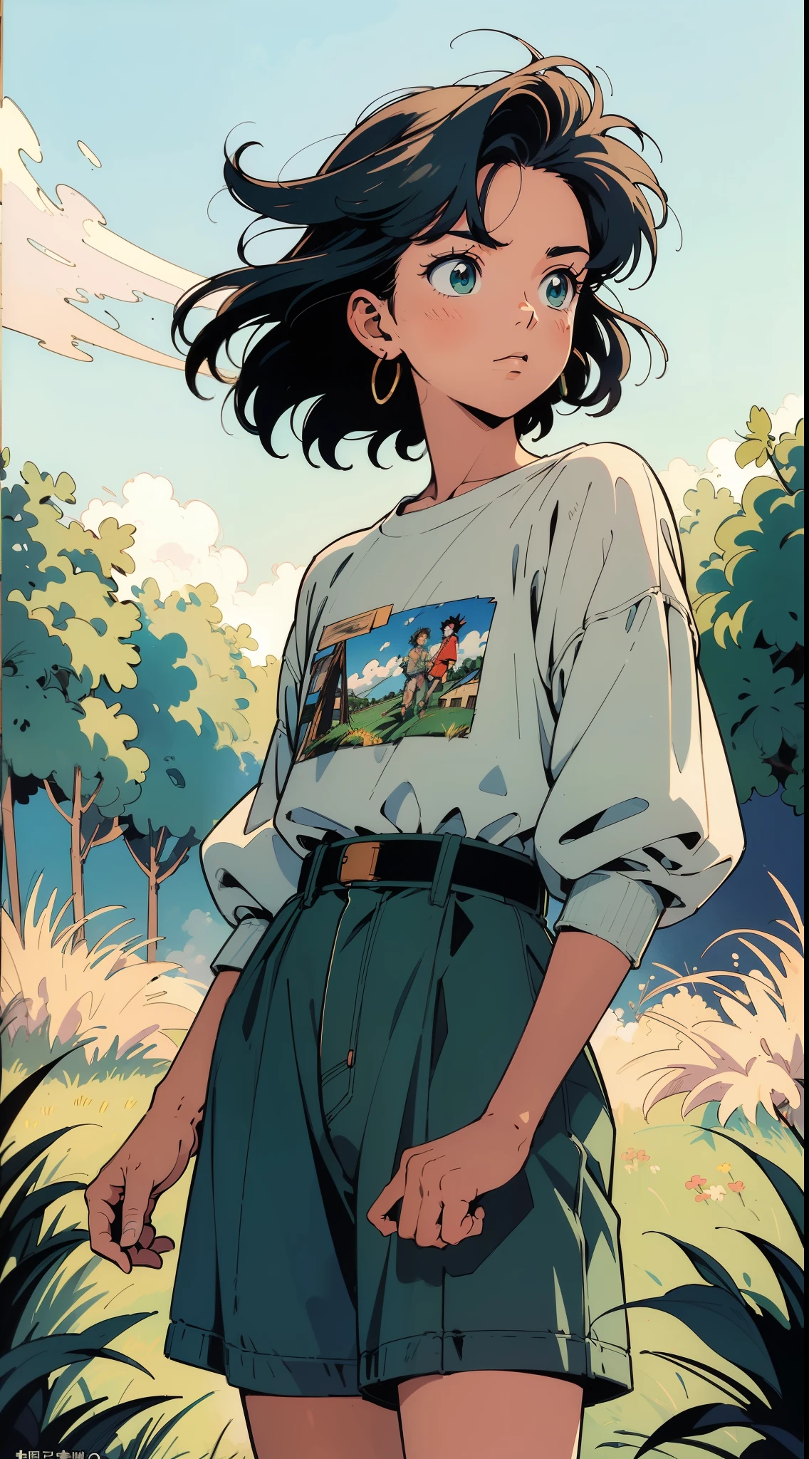 (High-resolution,4K,8K,masterpiece:1.2),ultra-detailed,(realistic,photorealistic,photo-realistic:1.37),anime scene,boy standing,field,looking at house, cinematic angle,dynamic framing,1990's vintage cel-shaded anime style,Rumiko Takahashi inspired artwork, lush green landscape,colorful flowers blowing in the wind,golden sunset,tall grass dancing,puffy white clouds,stylized character design,expressive eyes, tousled hair, vibrant clothing, nostalgic vibes.