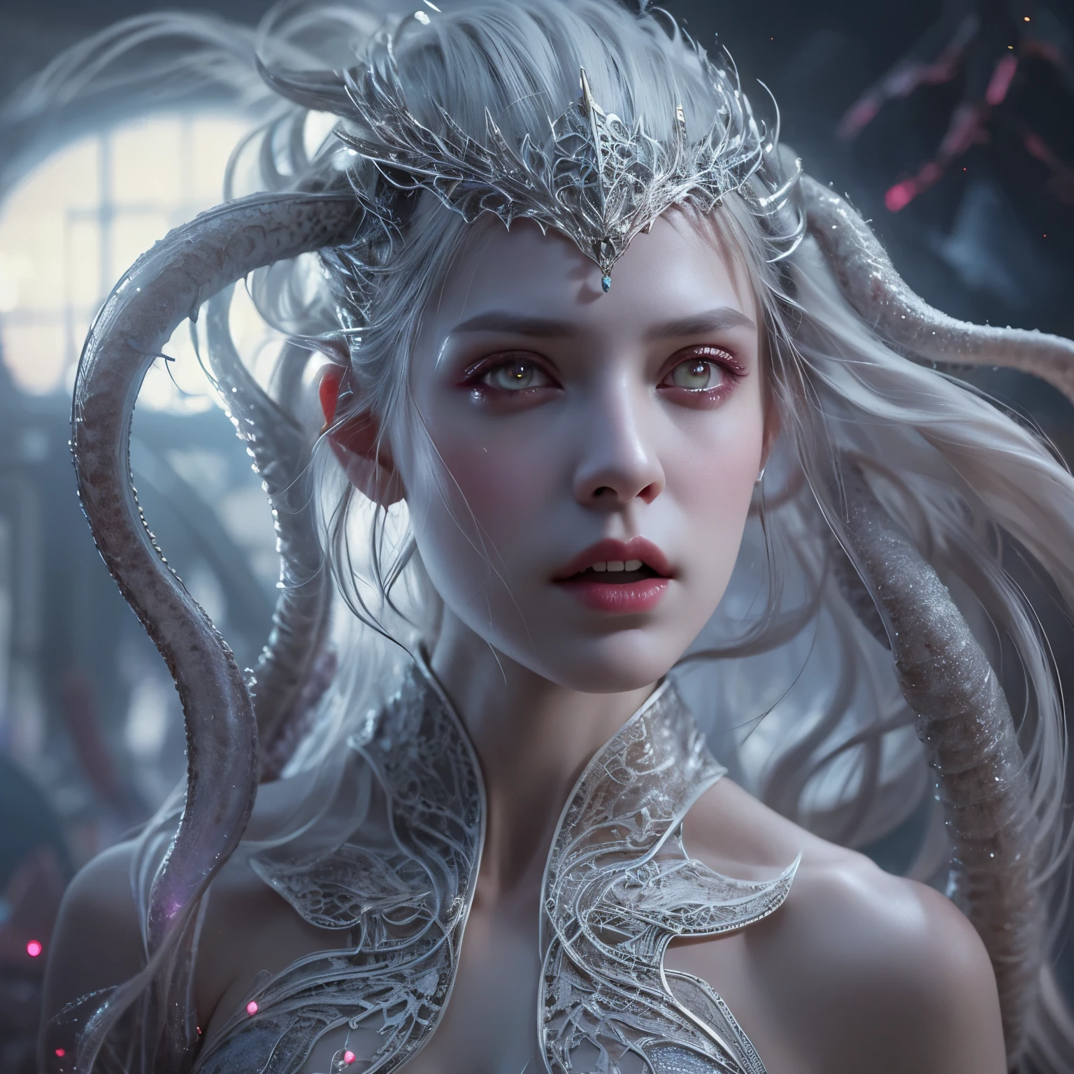 (1 female Alien: 1.2), With a beautiful, enchanting face, this alien seduces us with her allure. Her captivating red eyes gleam brightly, reminiscent of burning embers. Her full body is unlike any human's, boasting a sexy, otherworldly form. No humans are present in this scene as she stands alone, her cells fused in a unique and intriguing extraterrestrial way.
(extraordinary beautiful nude photo:1.4), (glowing silver eyes:1.5), (sexy and glamorous:1.1), (coquettish expression:1.2), toned lean body, (muscular:1.2), (beautiful abs:1.5), beautiful nipples, She has lots of iridescent translucent tentacles instead of her hair, pale skin, (white skin with prominent veins:1.3),
Lots of iridescent translucent tentacles adorn her body, shimmering under the dramatic lighting. Her pale skin, with a hint of translucency, adds to her ethereal allure. This masterpiece, rendered in