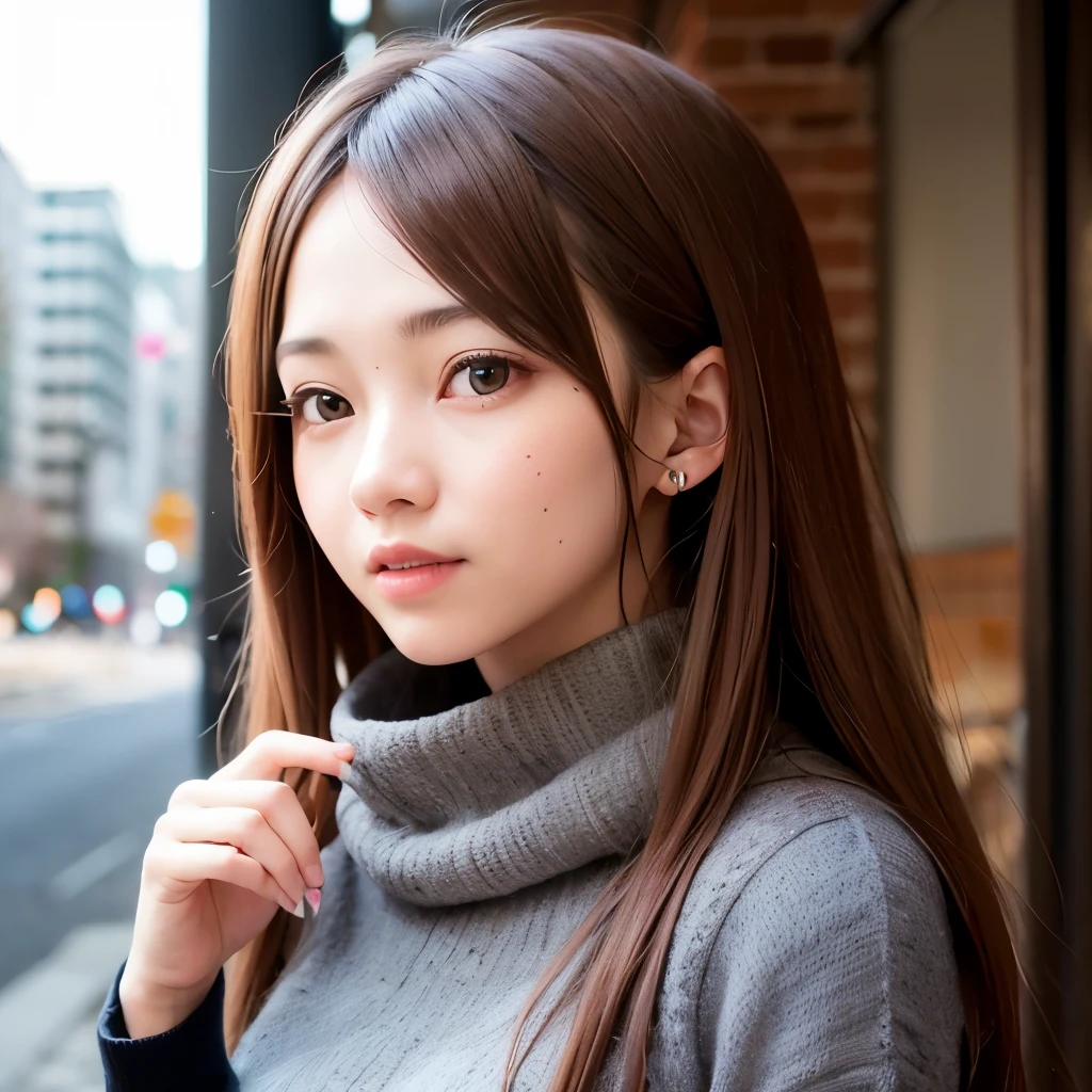 Girl, long brown hair, brown eyes, sharp features, white skin, young woman, winter style