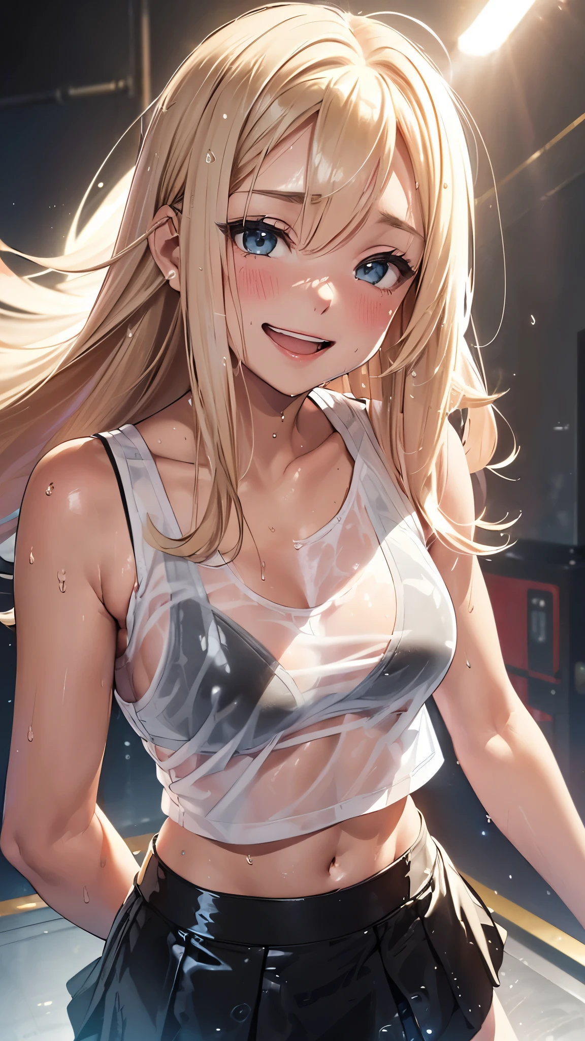 1 female,golden hair,25 years old,(((blue shiny micro tight skirt)))((white tank top))(((blush、open mouth smile)),(((straight hair))),(((portrait))),crowd,,(wet with sweat)(sexy black bra and see-through tank top)()(((small breasts)))