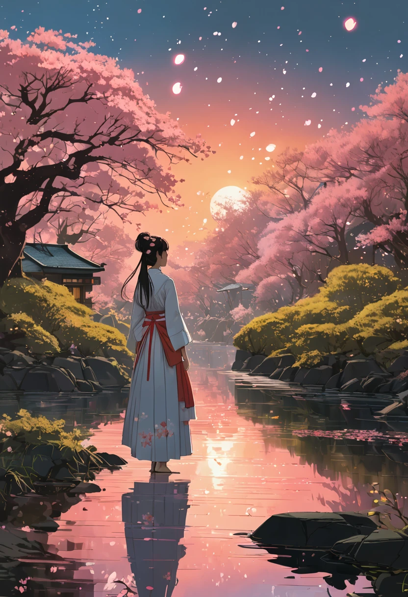1girl, The Sakura Maiden, aesthetic, Incredible, detailed fluid gouache illustration of an enchanting, glowing sakura garden at sunset by renowned artists including Jeremy Mann and Winslow Homer. Features sharp focus, vivid colors, fireflies and a hyperrealistic galaxy. Concept art with 8k resolution.