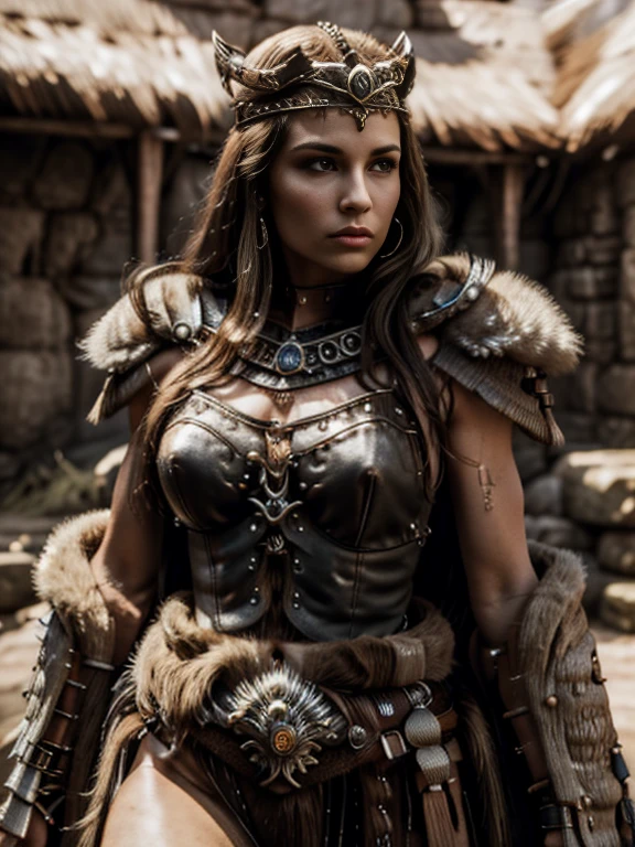(16k, ultra detailed image, perfect-skins), (Full-length photo 1:1), Conan the barbarian univers, heroic-fantasy, 29 years old, Beautiful face, cimerian queen, long brown hair, She wears the crown of a barbarian queen, (skinny body : 1.3), leather and fur armor, partial femal armor, She sits on a stone throne decorated with skulls, full body view, (two hands large Sword).