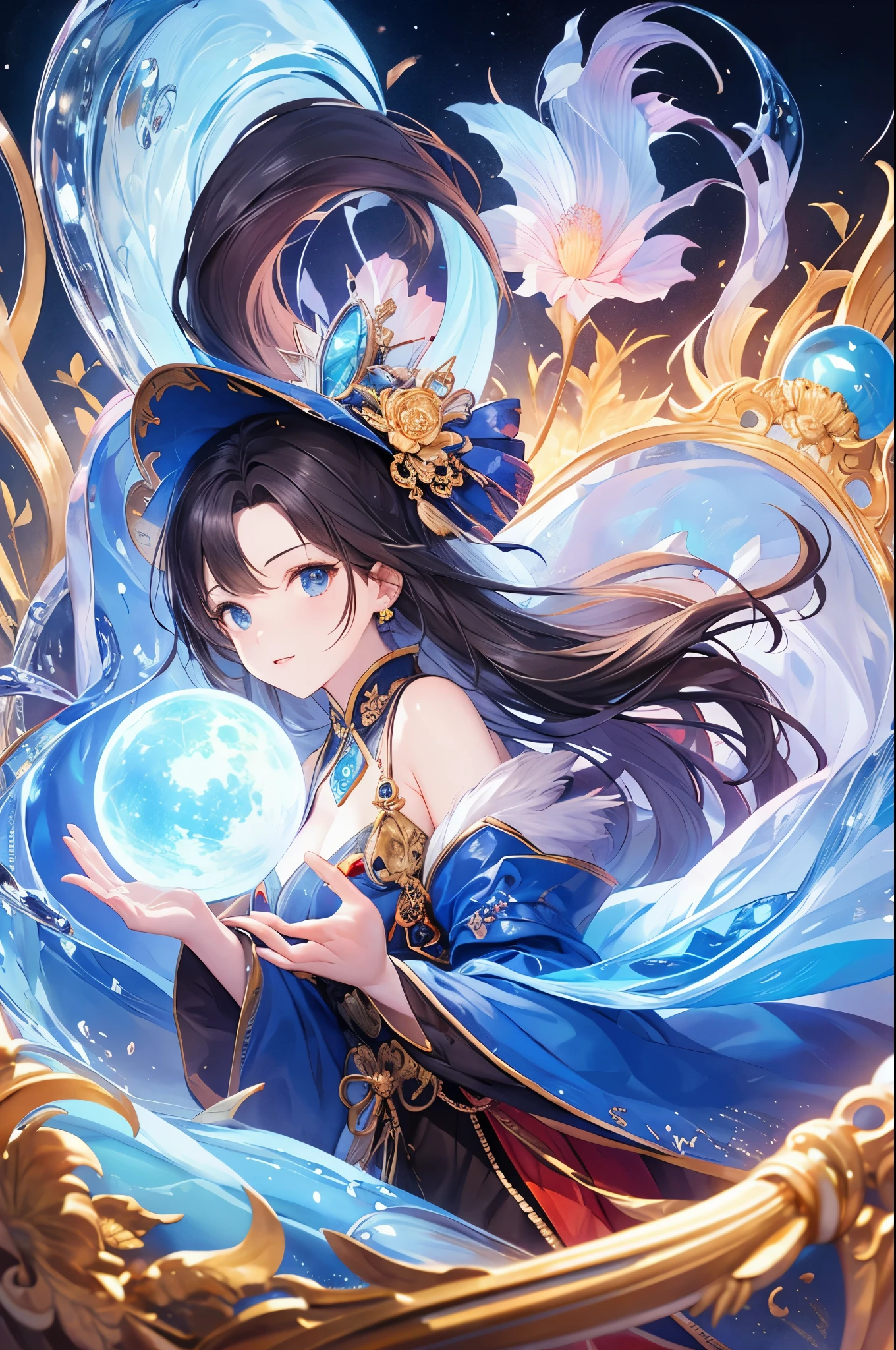 witch woman,conservative attire,with a huge hat,blue crane,Wearing a blue, red and white princess dress,Upper body close-up,Close-up photos,jewelry,Visions of heaven and earth,Magic crystal ball,The background is the Milky Way,solar system