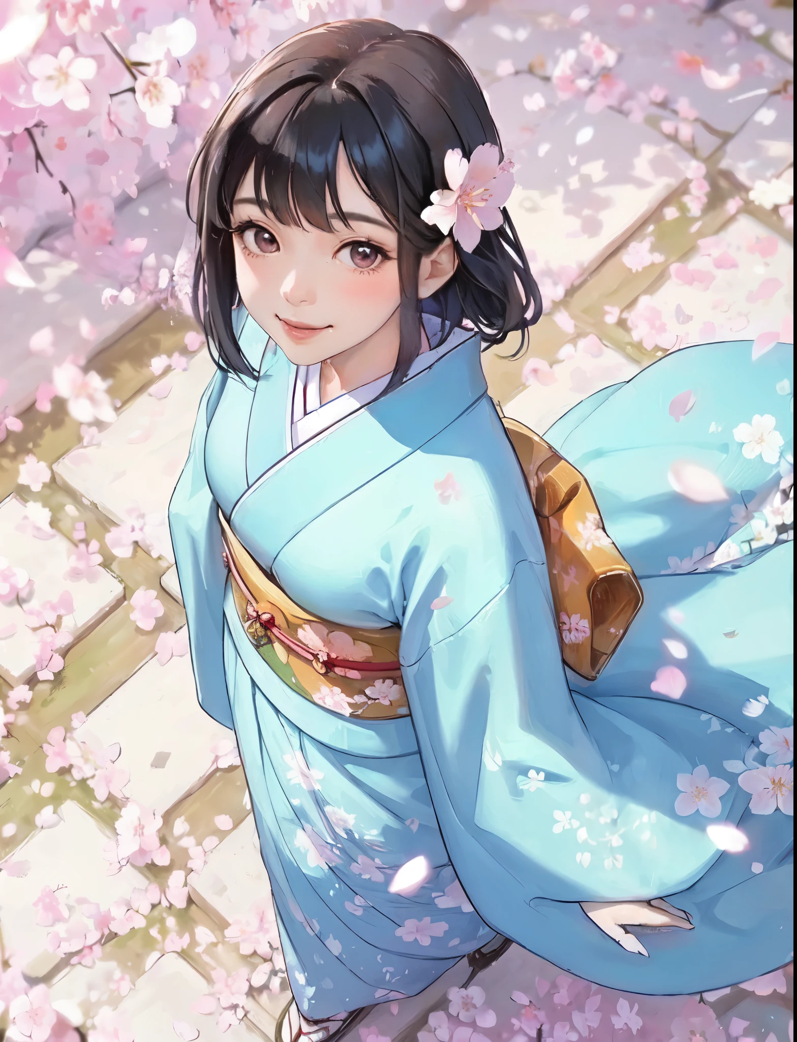 1lady solo, (from above), walking slowly, (looking up at viewers), (light blue kimono) stylish, mature female, /(light brown hair/) bangs, blush light smile, (masterpiece best quality:1.2) delicate illustration ultra-detailed, medium breasts BREAK (cherry blossom petals on ground), stone bricks BREAK (cherry blossoms tree) outdoors, (petals dancing down), noon, detailed background