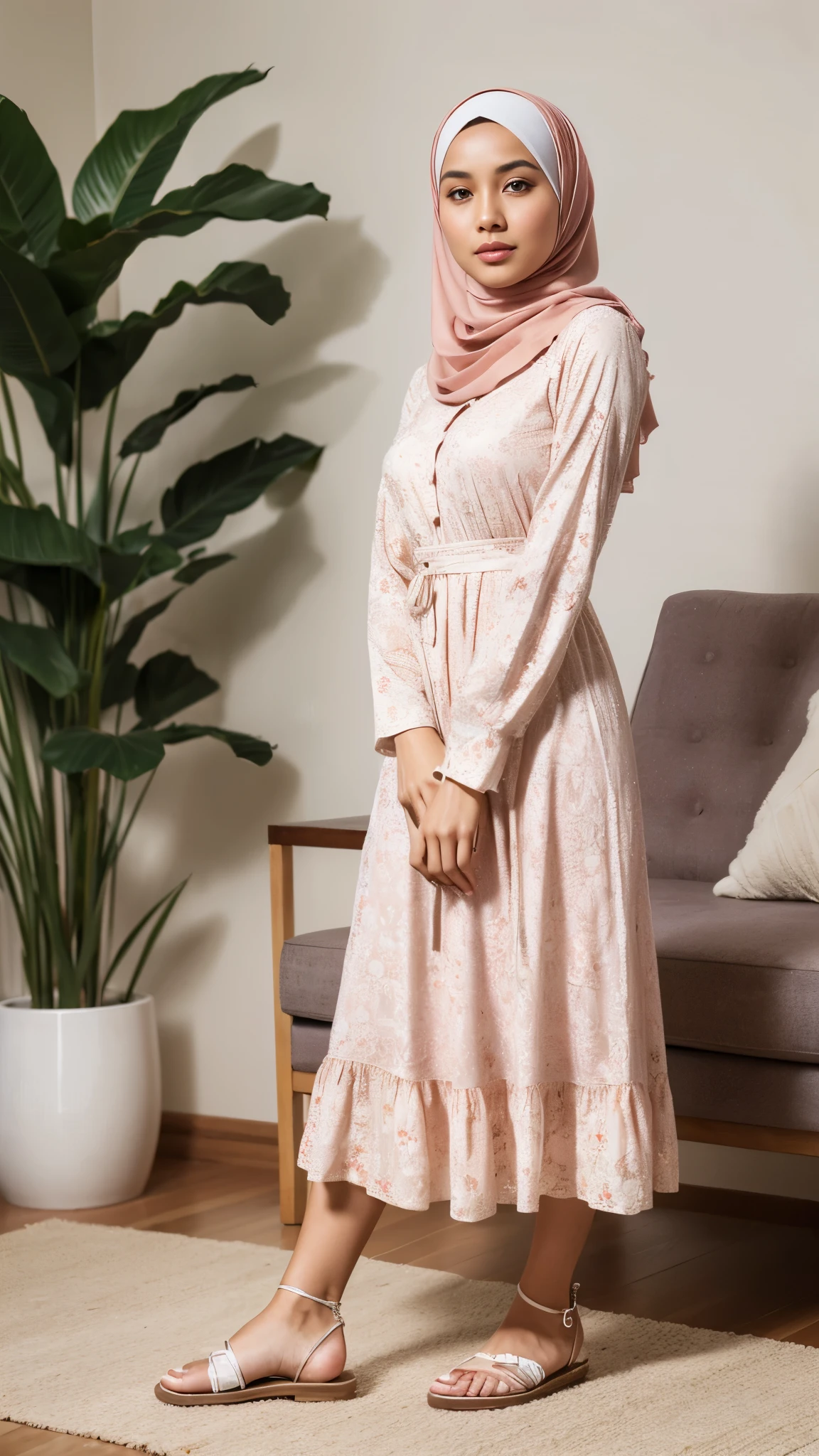 Full shot, full body portrait, wide background, tall background, high detail, high resolution, an Indonesian man standing in a living room, white skin, fair skin, smooth skin, bright skin, soft face, beautiful eyes, small nose, pink cheeks, pink lips, glossy lips, perfect face, perfect body, perfect hands, perfect feet, wearing a soft purple hijab, perfect hijab, wearing a white muslim women floral long dress, long sleeved, long skirted, pretty dress, perfect dress, wearing sandals, perfect sandals, feminine pose, graceful expression, soft smile, face looking at viewer, body facing at viewer, bright light, morning sunshine
