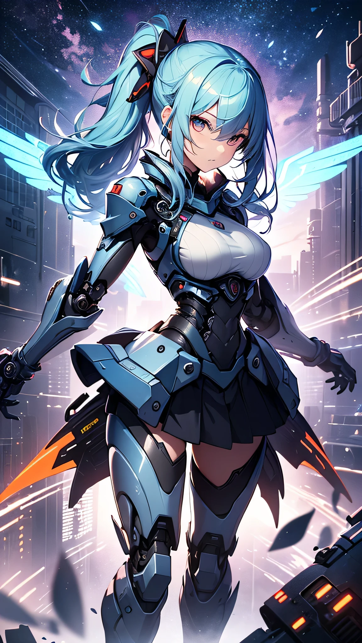 最high quality、best image quality、masterpiece、girl((cyborg、20-year-old、 By becoming、vest bust、medium bust,wide open breast tea、shining eyes, light blue hair、long hair、thin,highest valley、ponytail、robot body、Machine body、half-backed posture、floating state、mechanical sword、sharp mechanical wings、shiny boots、black underwear、black skirt、discharge from the whole body,)),high quality、beautiful art、background((Near future、Machine area、energy field))、Flight、debris flies、Depth of written boundary、movie、visual art、perfect art、8k,genuine、