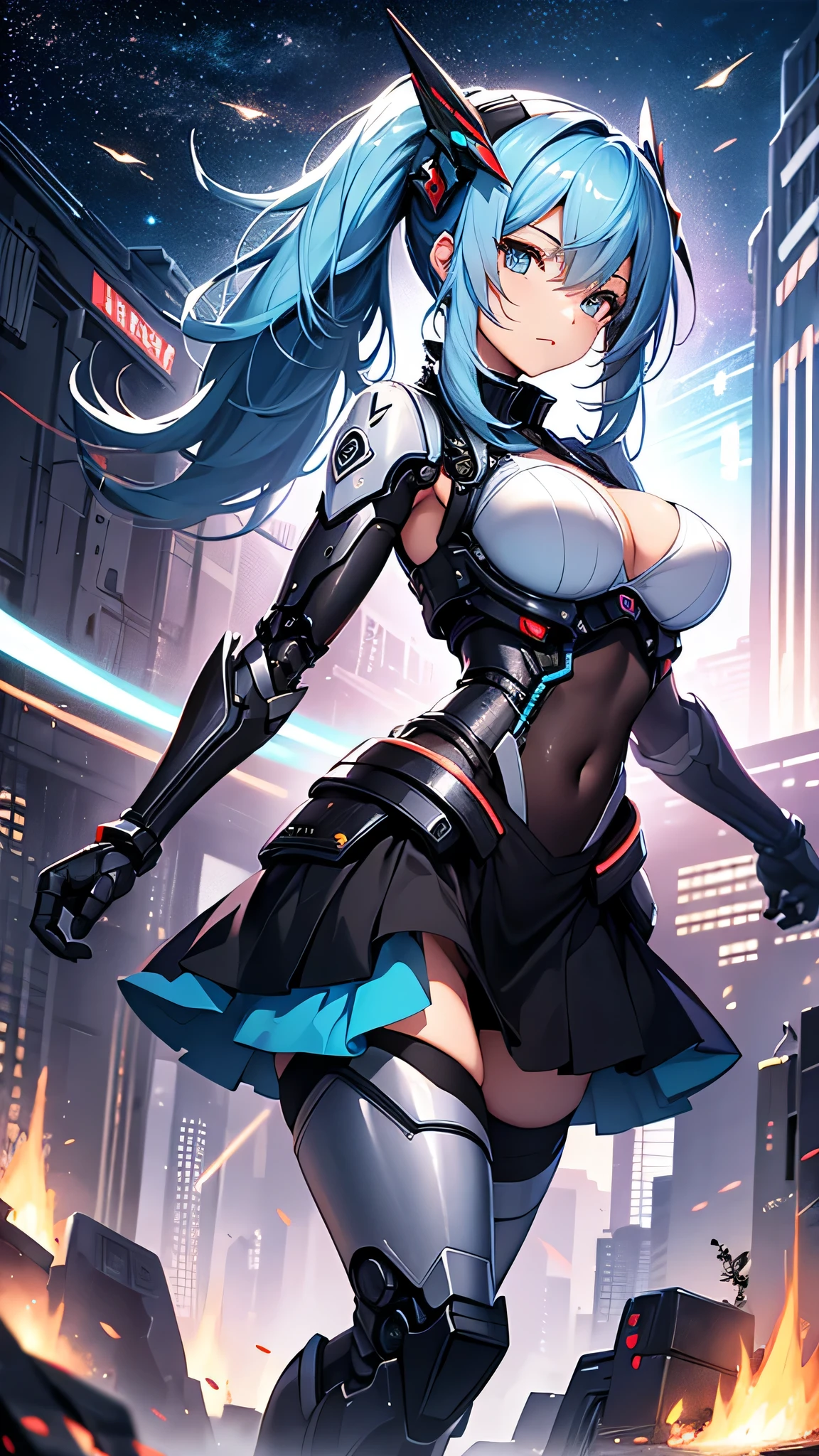 最high quality、best image quality、masterpiece、girl((cyborg、20-year-old、 By becoming、vest bust、medium bust,wide open breast tea、shining eyes, light blue hair、long hair、thin,highest valley、ponytail、robot body、Machine body、half-backed posture、floating state、mechanical sword、sharp mechanical wings、shiny boots、black underwear、black skirt、discharge from the whole body,)),high quality、beautiful art、background((Near future、Machine area、energy field))、Flight、debris flies、Depth of written boundary、movie、visual art、perfect art、8k,genuine、