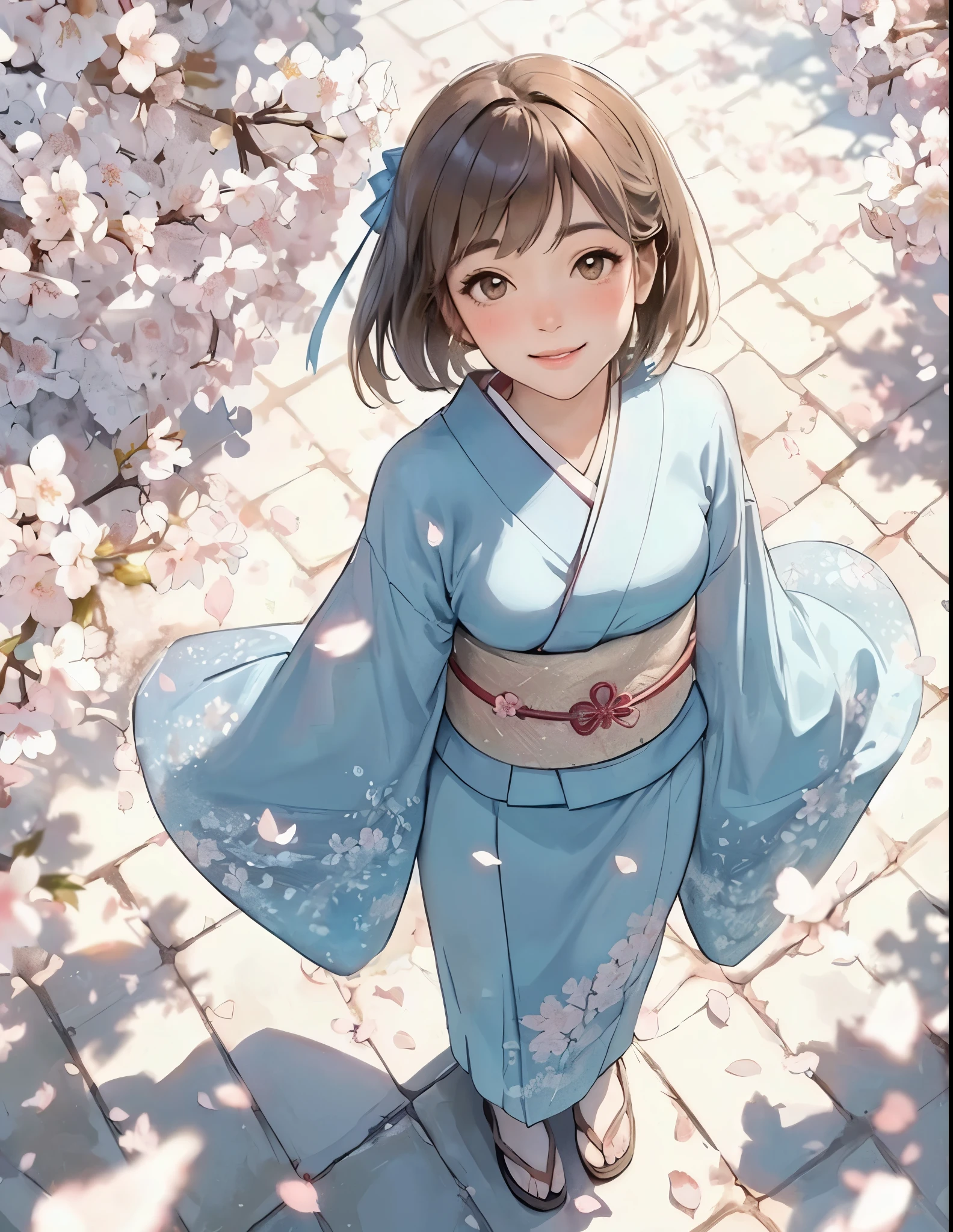 1lady solo, (from above), walking slowly, (looking up at viewers), (light blue kimono) stylish, mature female, /(light brown hair/) bangs, blush light smile, (masterpiece best quality:1.2) delicate illustration ultra-detailed, medium breasts BREAK (cherry blossom petals on ground), stone bricks BREAK (cherry blossoms tree) outdoors, (petals dancing down), noon, detailed background