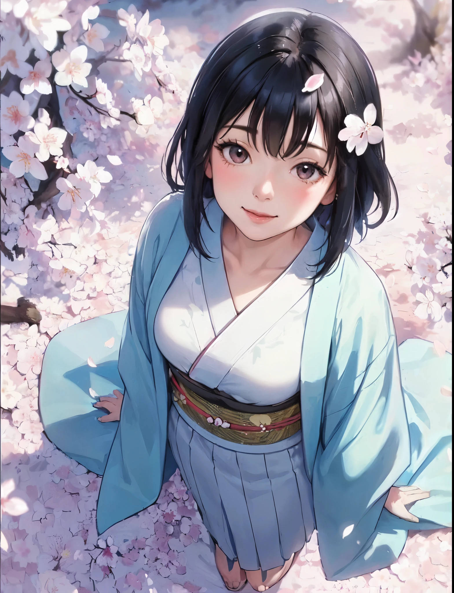 1lady solo, (from above), walking slowly, (looking up at viewers), (light blue kimono) stylish, mature female, /(light brown hair/) bangs, blush light smile, (masterpiece best quality:1.2) delicate illustration ultra-detailed, medium breasts BREAK (cherry blossom petals on ground), stone bricks BREAK (cherry blossoms tree) outdoors, (petals dancing down), noon, detailed background